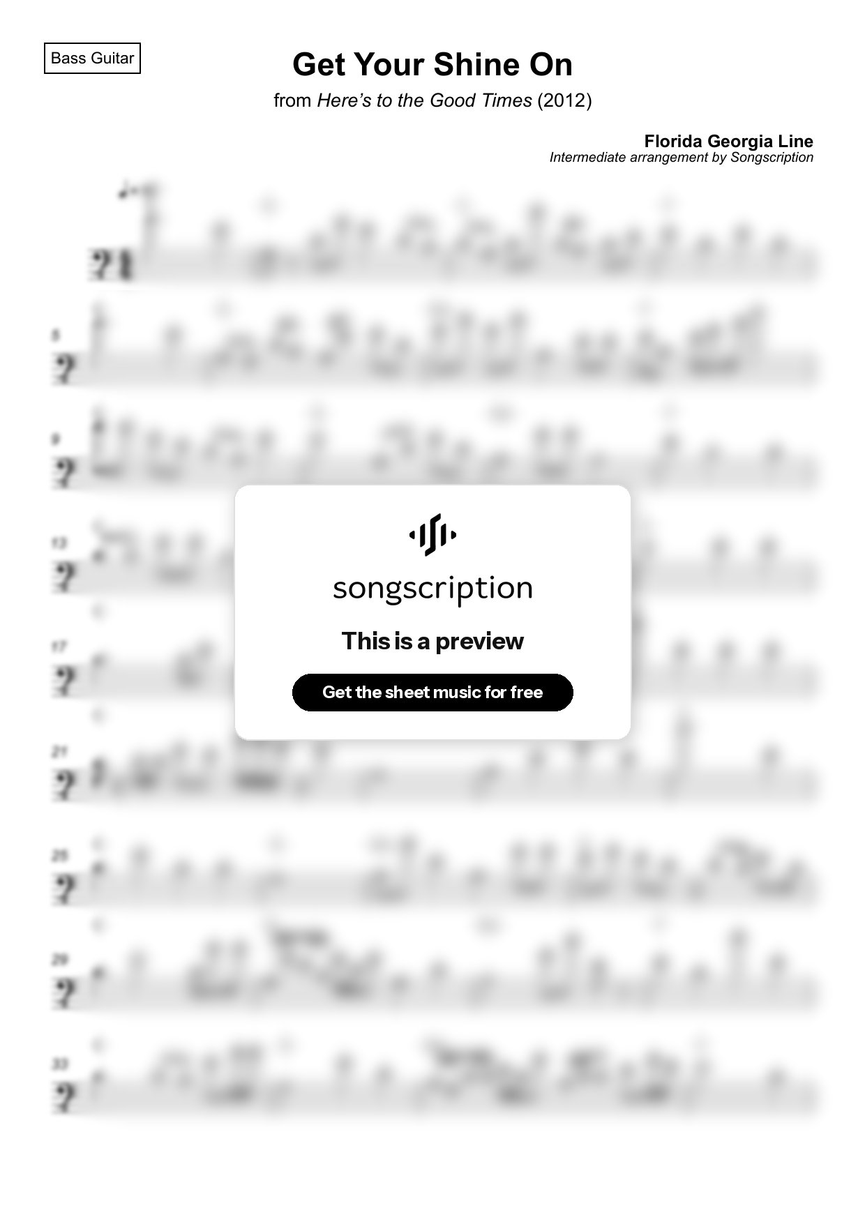 Intermediate Bass Guitar Sheet Music for "Get Your Shine On" by Florida Georgia Line