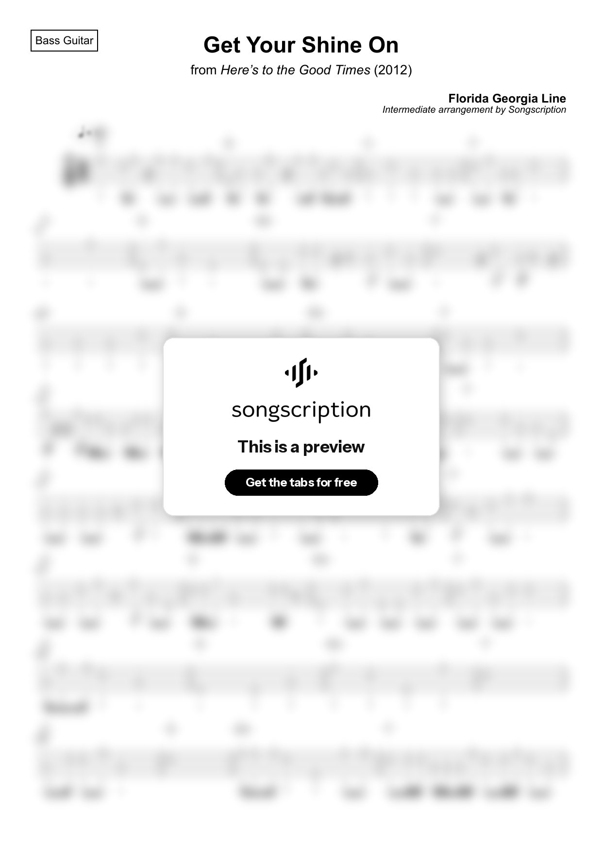 Intermediate Bass Guitar Tabs for "Get Your Shine On" by Florida Georgia Line