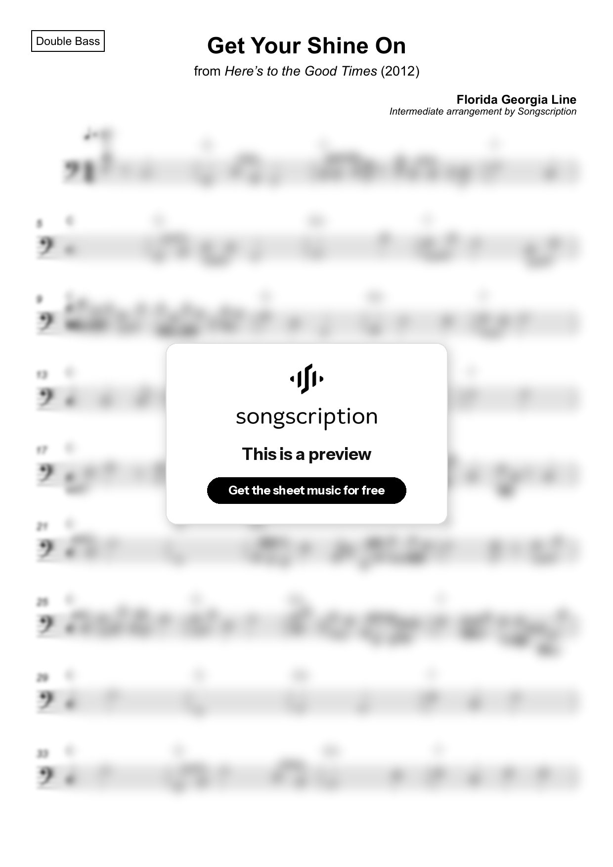 Intermediate Double Bass Sheet Music for "Get Your Shine On" by Florida Georgia Line
