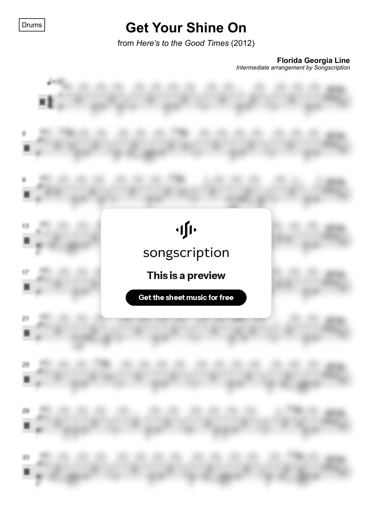 Intermediate Drums Sheet Music for "Get Your Shine On" by Florida Georgia Line