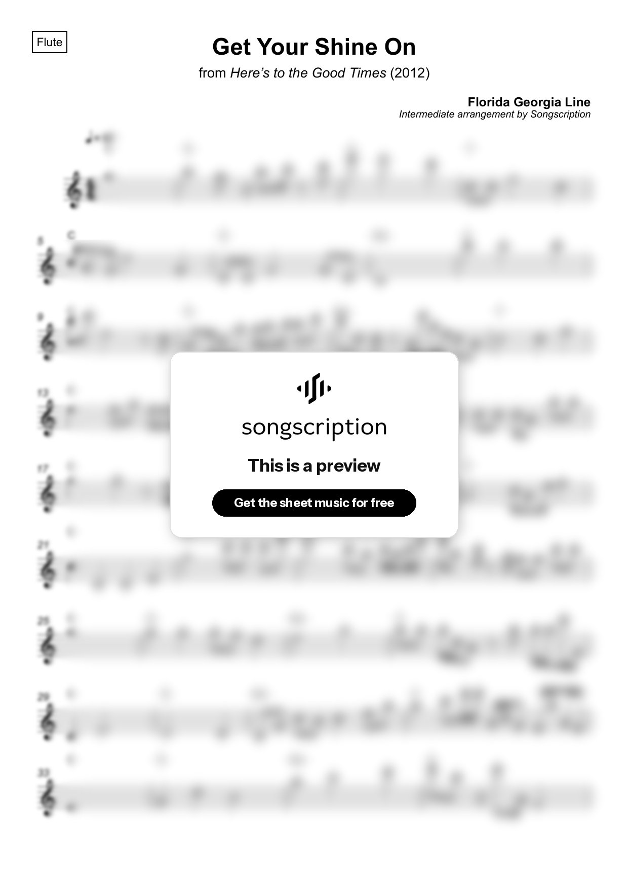 Intermediate Flute Sheet Music for "Get Your Shine On" by Florida Georgia Line