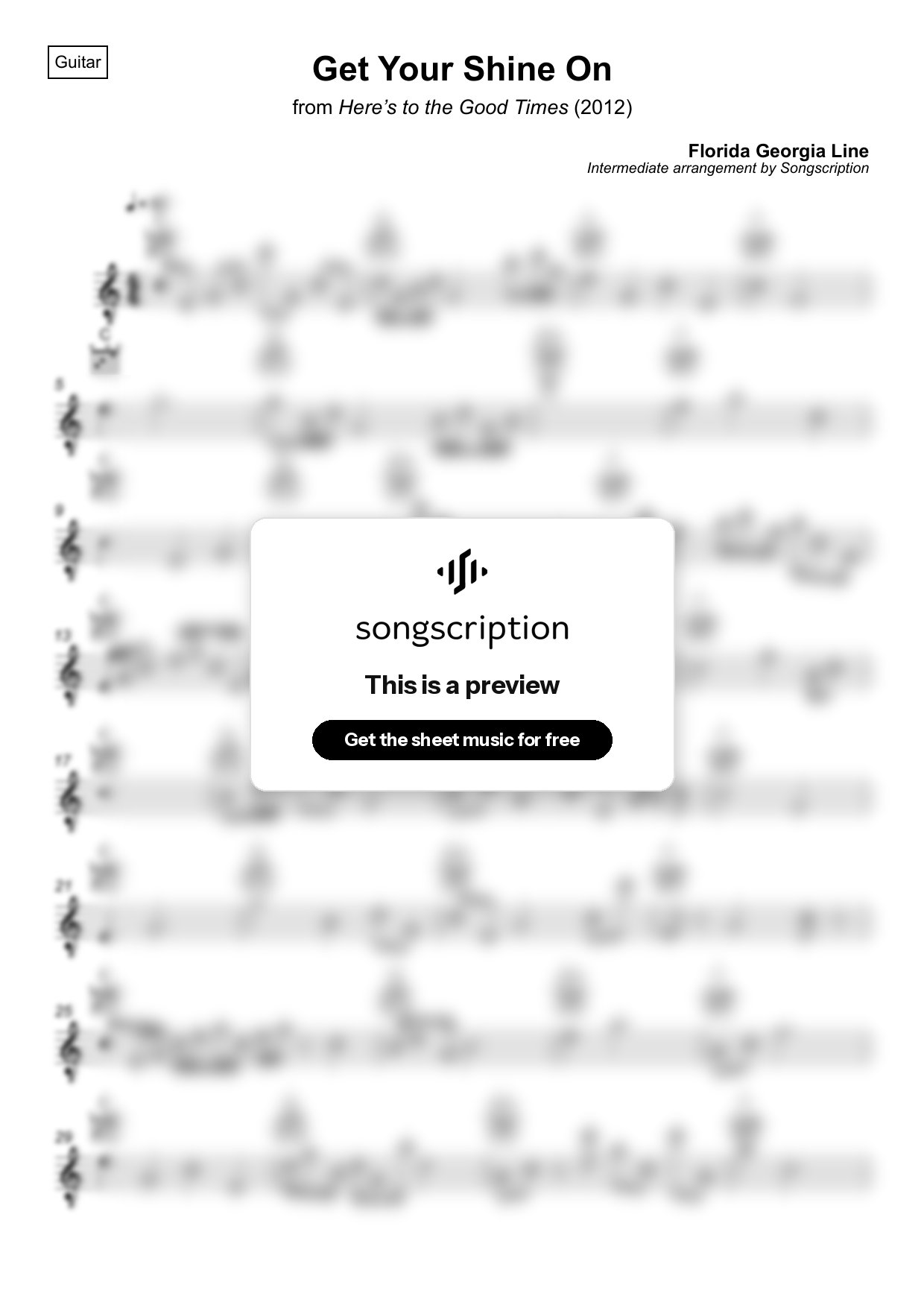 Intermediate Acoustic Guitar Sheet Music for "Get Your Shine On" by Florida Georgia Line