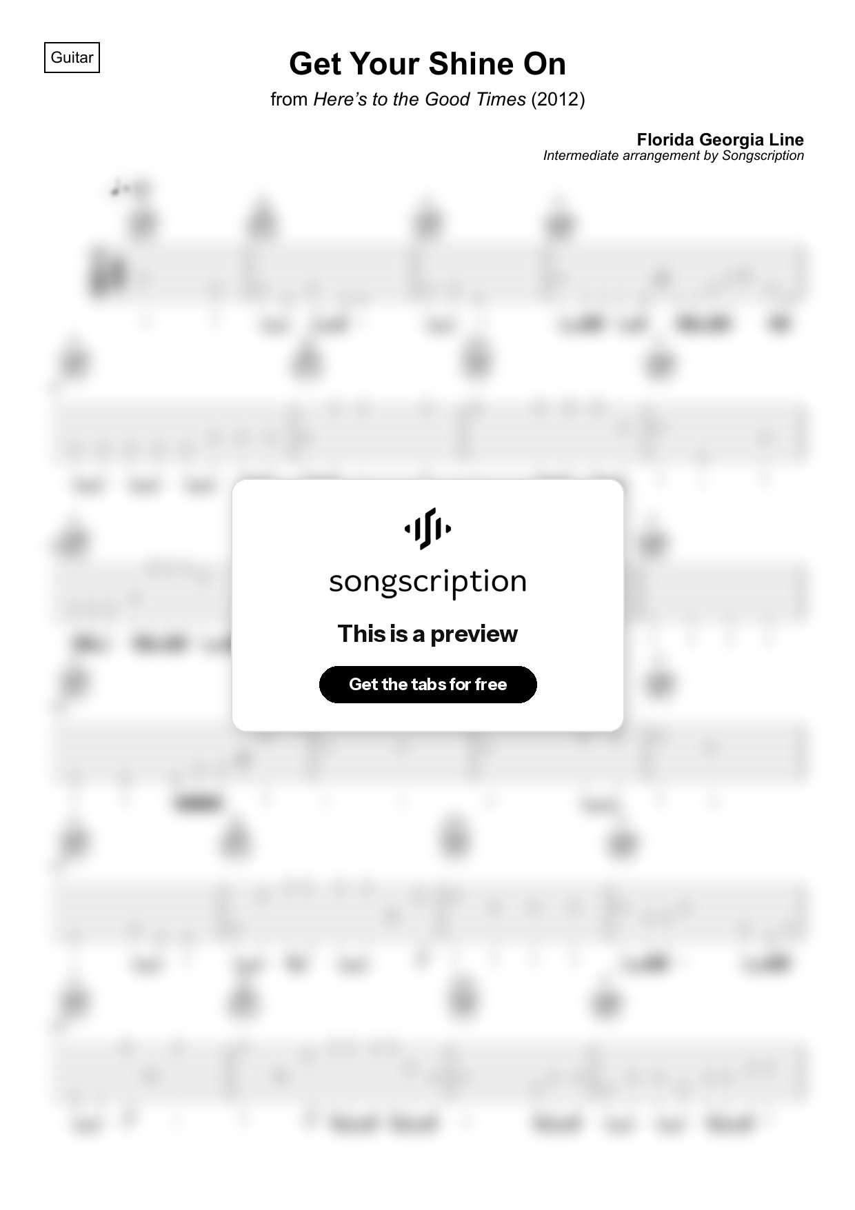 Intermediate Acoustic Guitar Tabs for "Get Your Shine On" by Florida Georgia Line
