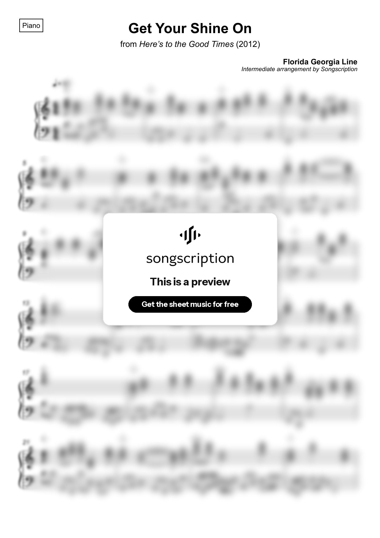 Intermediate Piano Sheet Music for "Get Your Shine On" by Florida Georgia Line