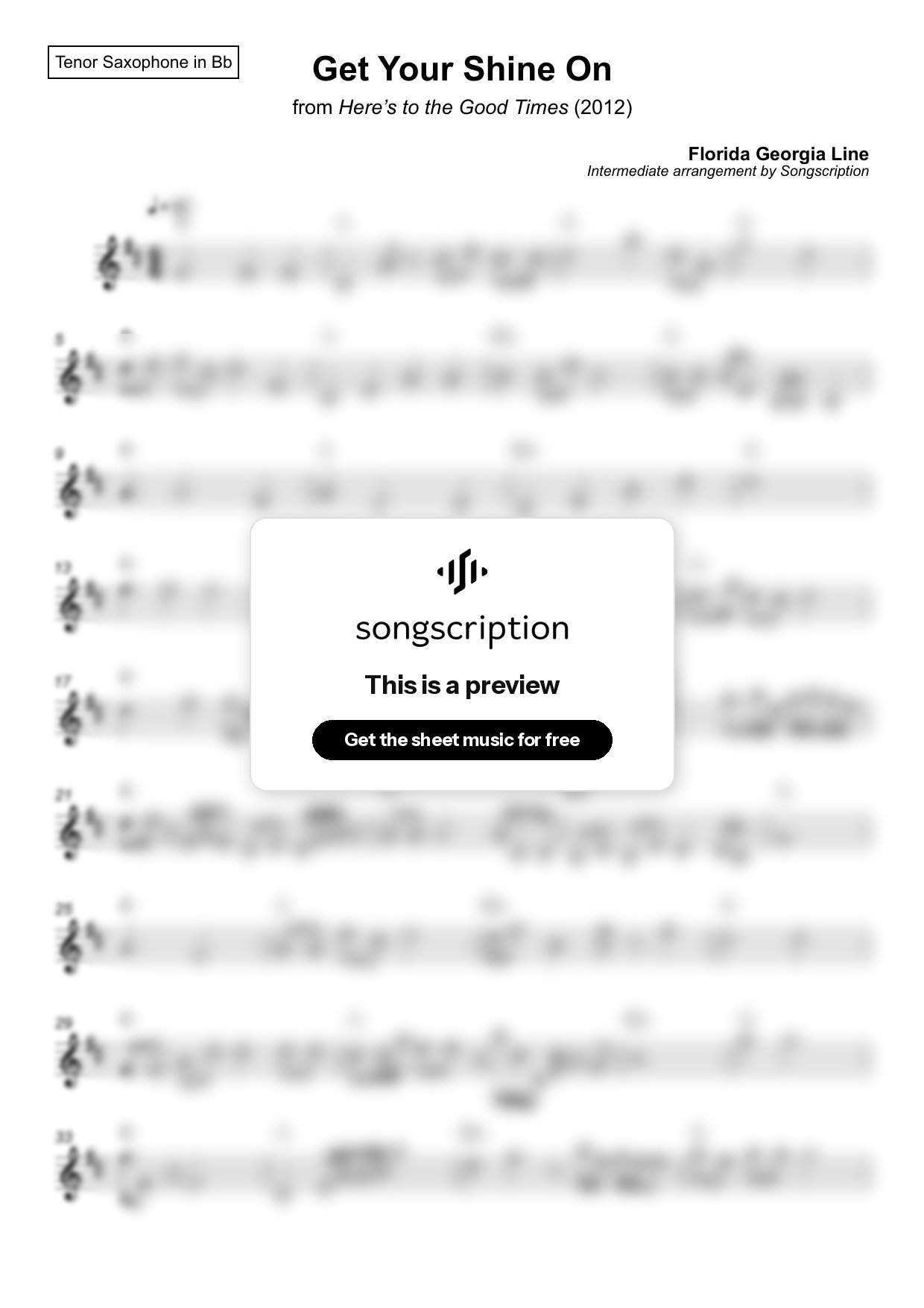 Intermediate Tenor Sax Sheet Music for "Get Your Shine On" by Florida Georgia Line