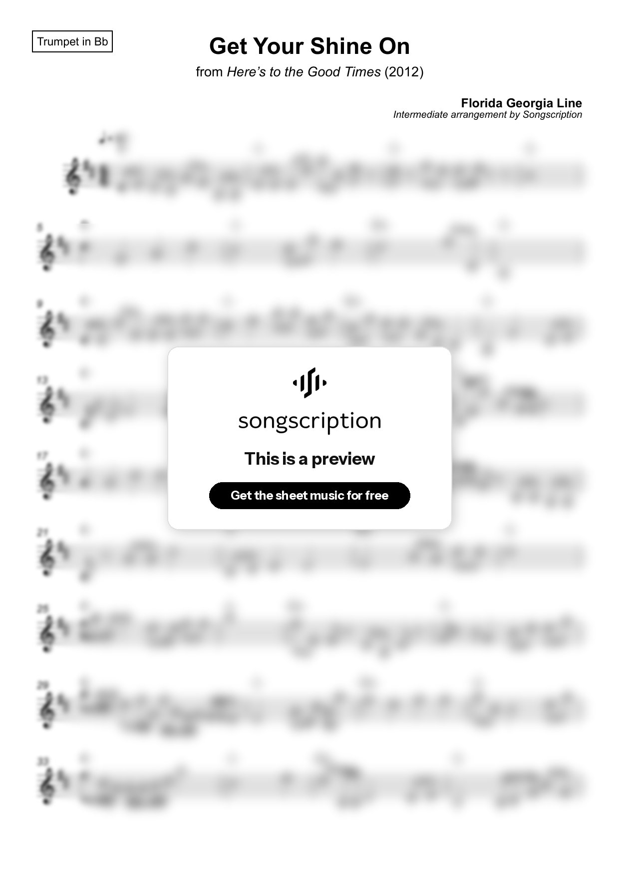 Intermediate Trumpet Sheet Music for "Get Your Shine On" by Florida Georgia Line