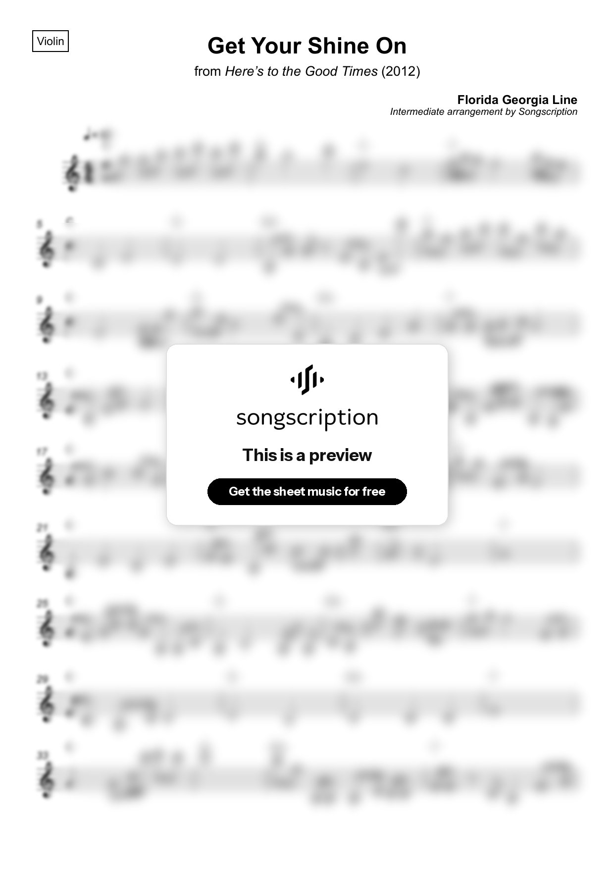 Intermediate Violin Sheet Music for "Get Your Shine On" by Florida Georgia Line