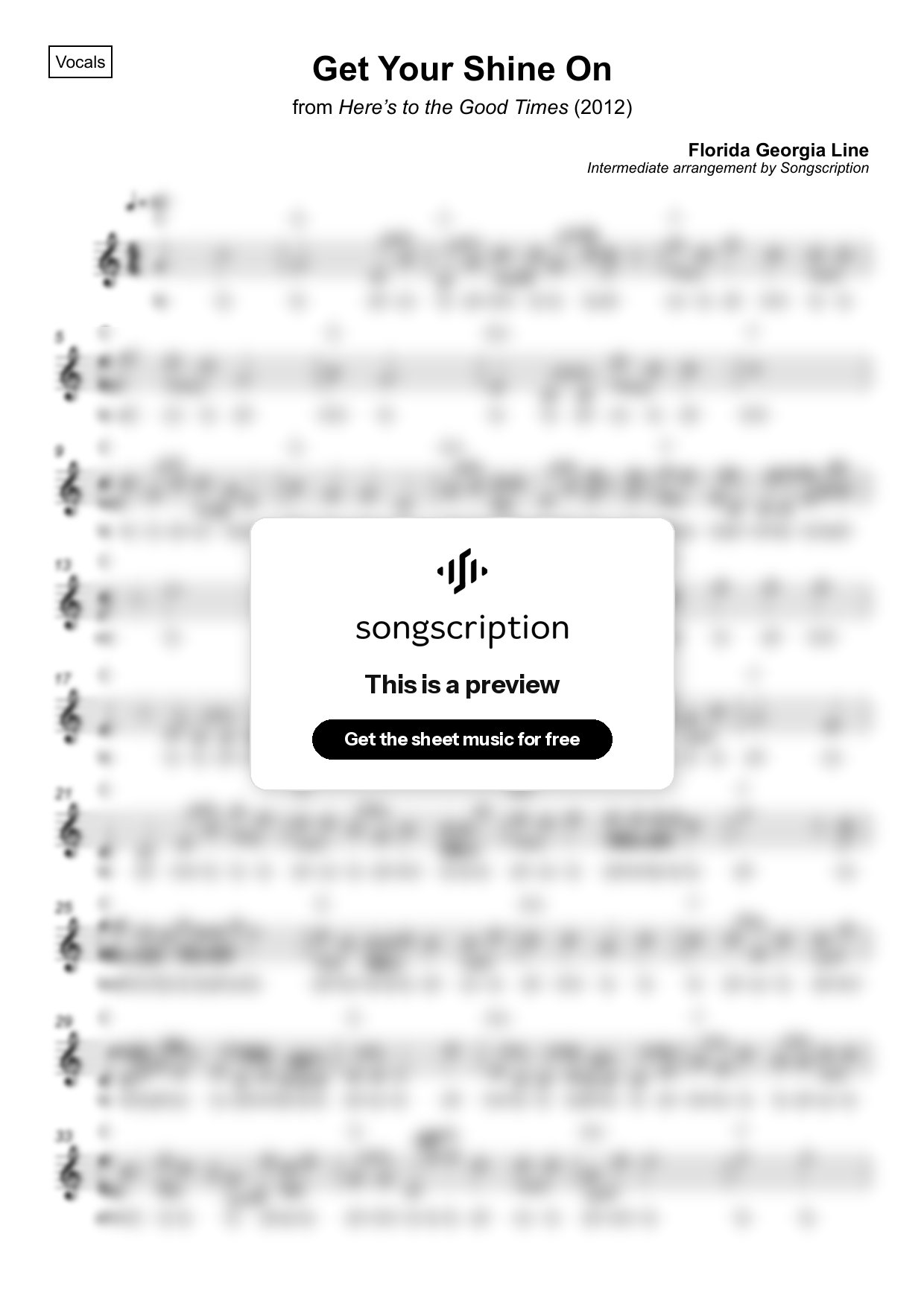 Intermediate Vocals Sheet Music for "Get Your Shine On" by Florida Georgia Line