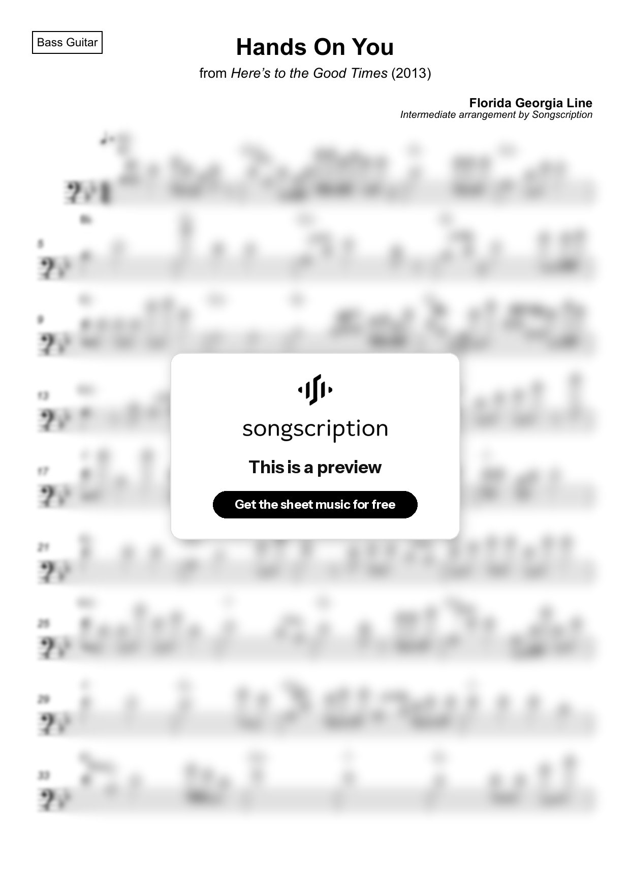 Intermediate Bass Guitar Sheet Music for "Hands On You" by Florida Georgia Line