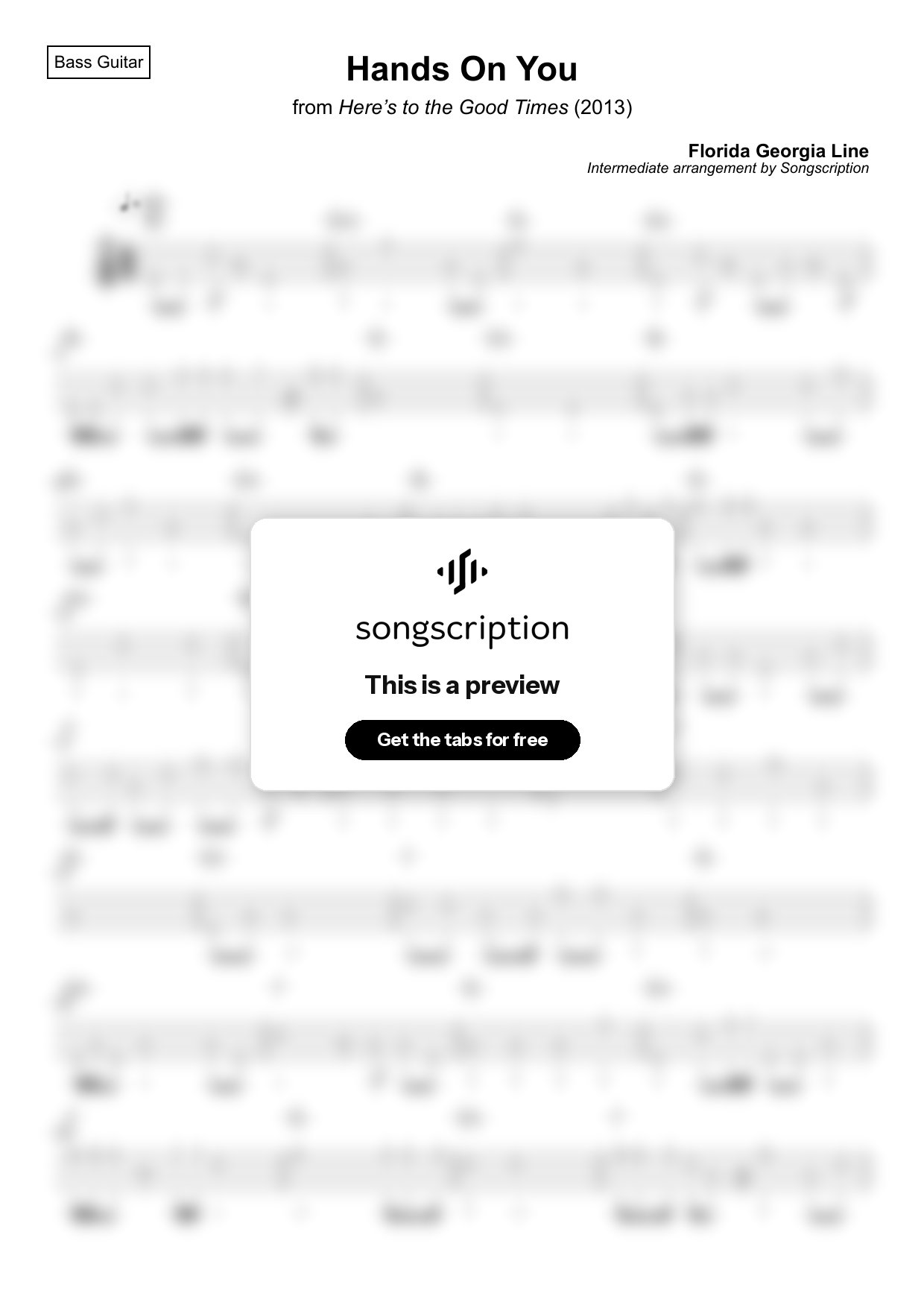 Intermediate Bass Guitar Tabs for "Hands On You" by Florida Georgia Line