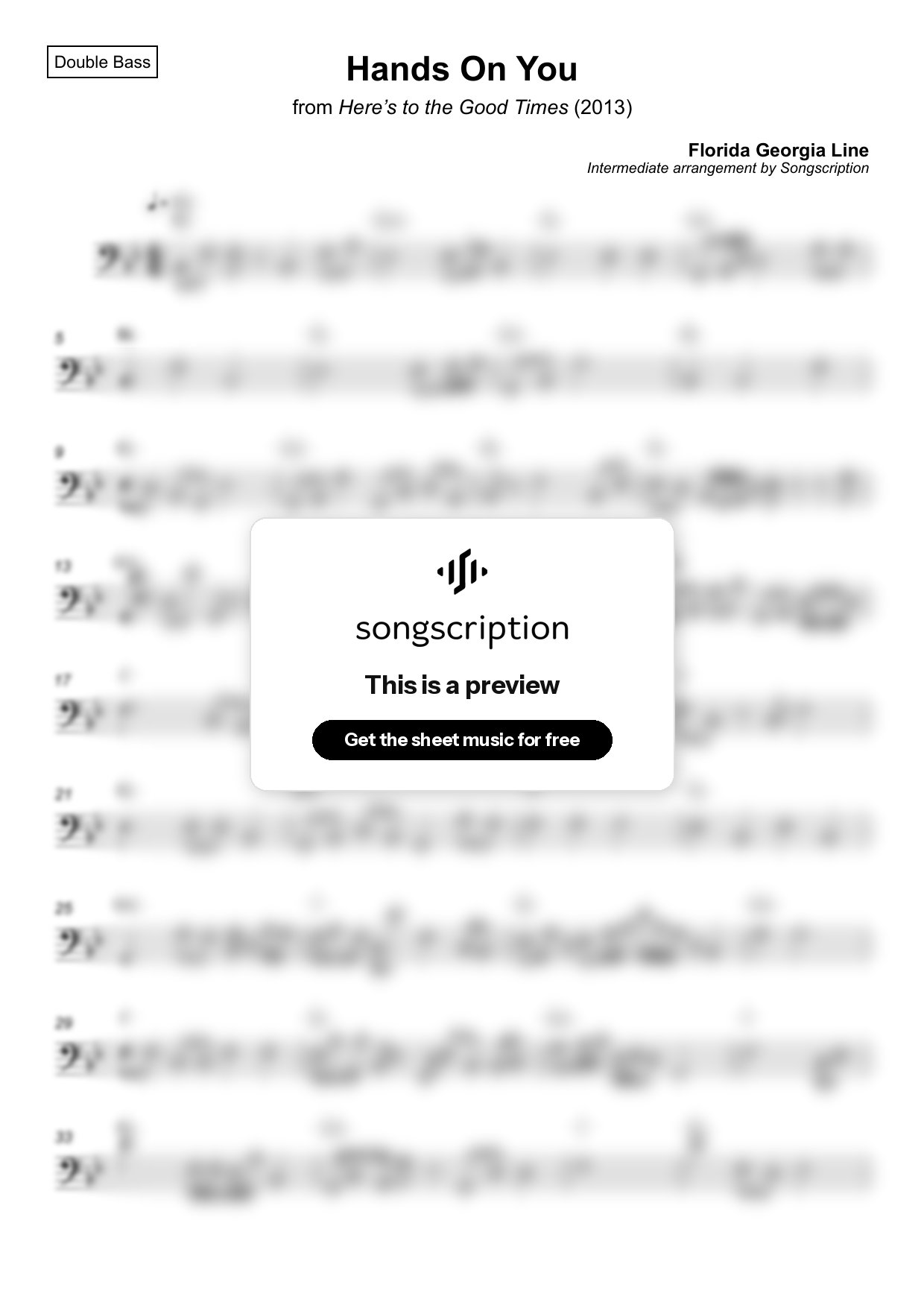 Intermediate Double Bass Sheet Music for "Hands On You" by Florida Georgia Line