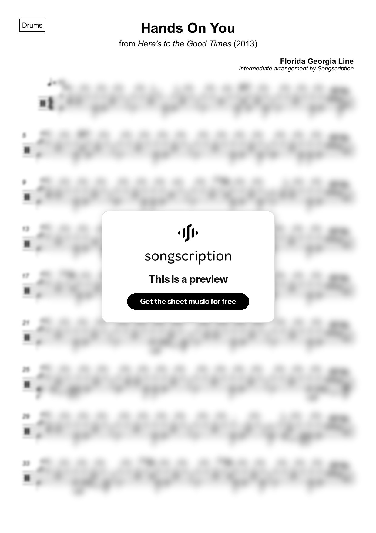 Intermediate Drums Sheet Music for "Hands On You" by Florida Georgia Line