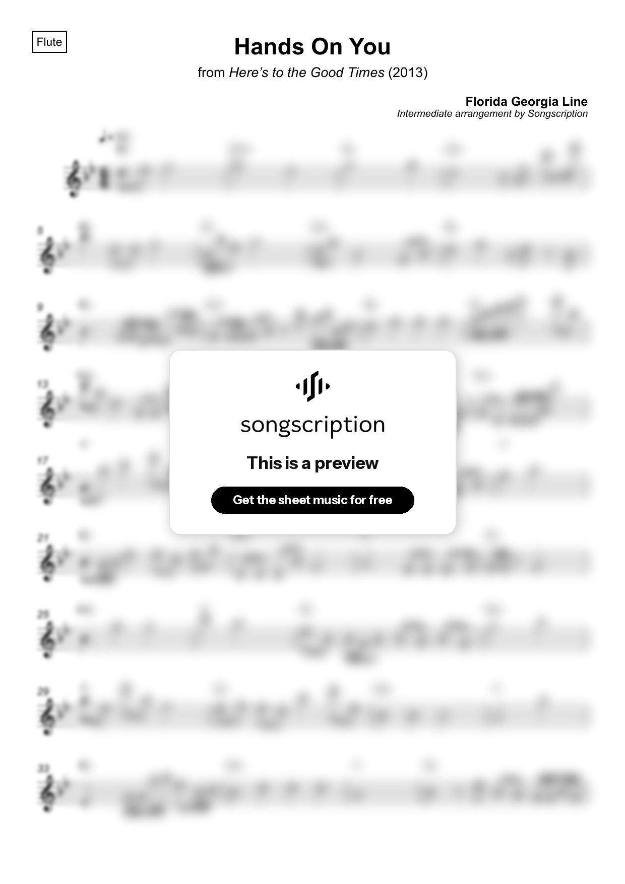 Intermediate Flute Sheet Music for "Hands On You" by Florida Georgia Line