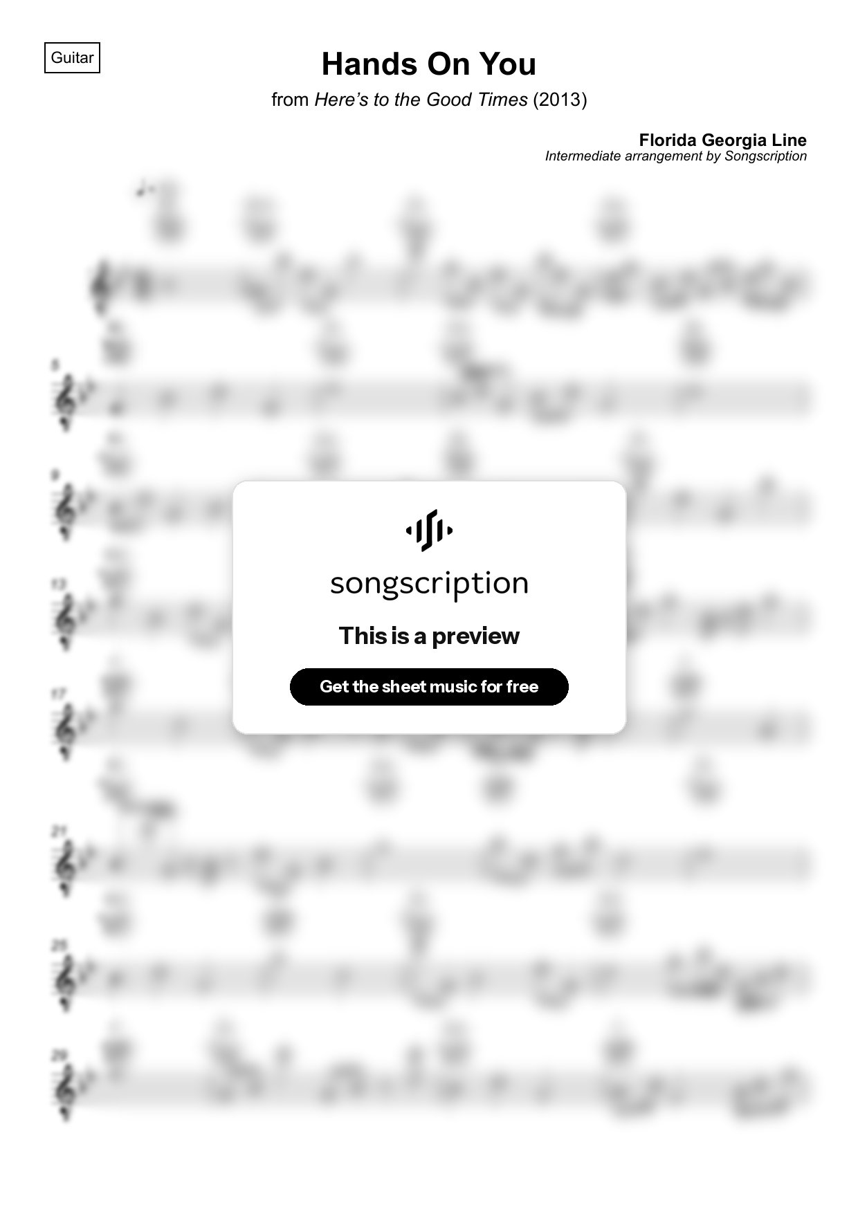 Intermediate Acoustic Guitar Sheet Music for "Hands On You" by Florida Georgia Line