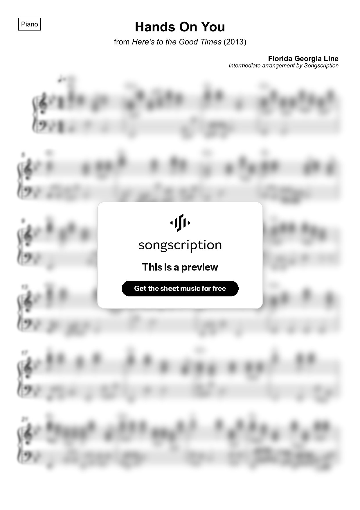 Intermediate Piano Sheet Music for "Hands On You" by Florida Georgia Line