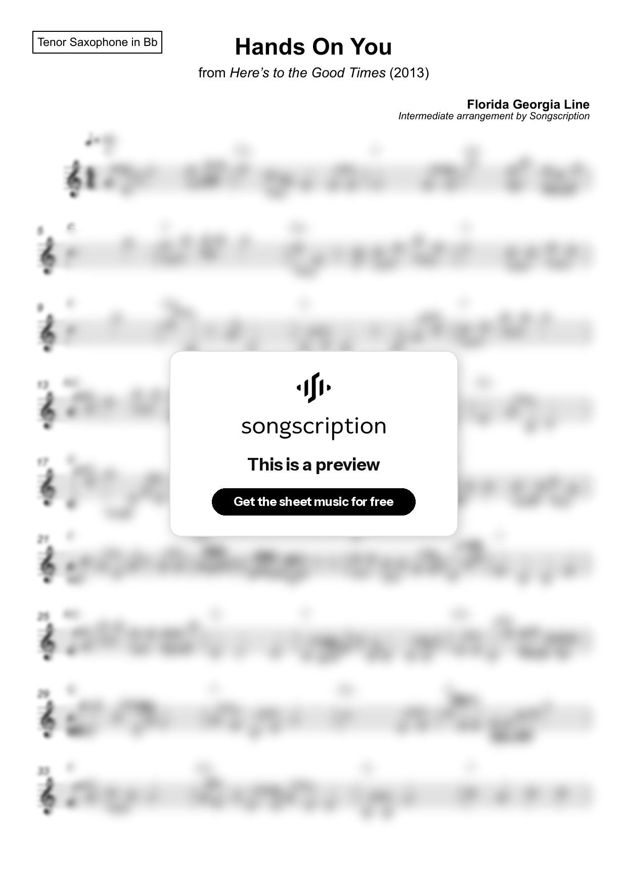 Intermediate Tenor Sax Sheet Music for "Hands On You" by Florida Georgia Line