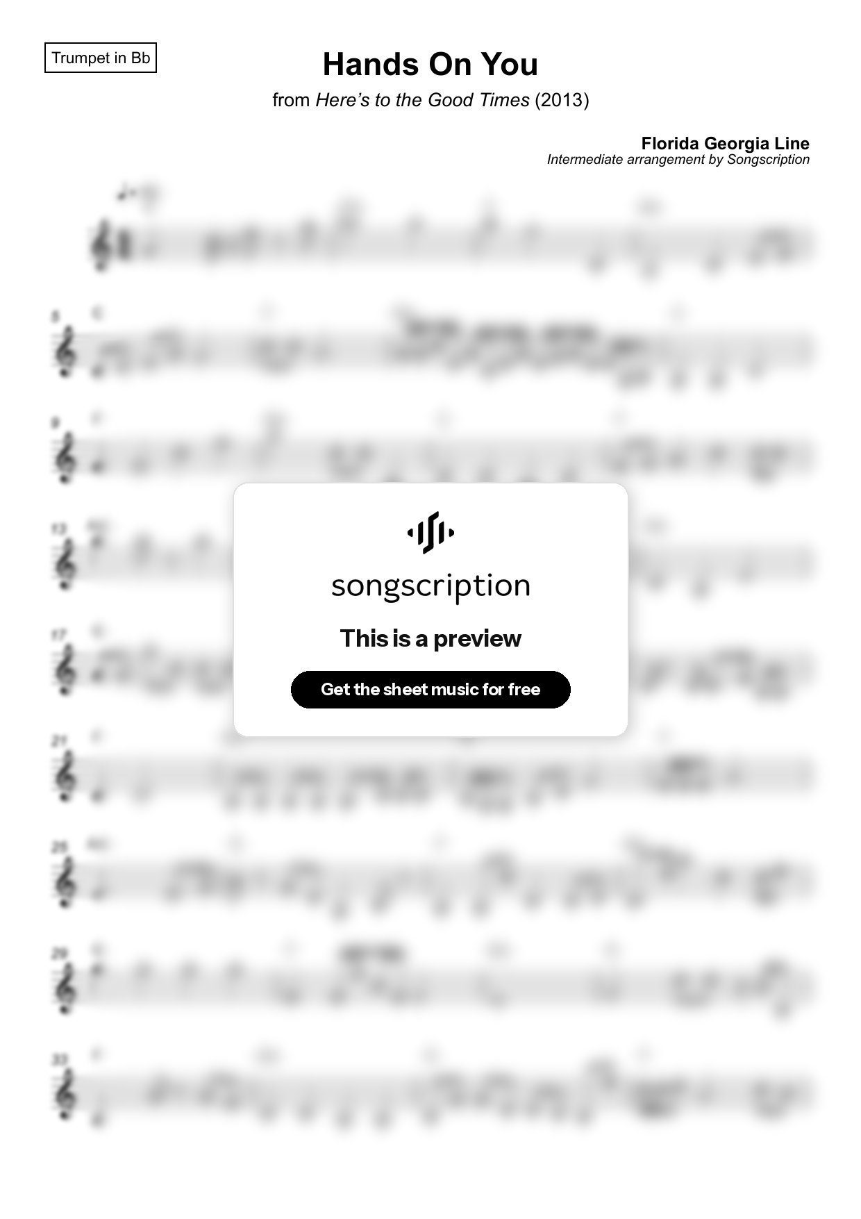 Intermediate Trumpet Sheet Music for "Hands On You" by Florida Georgia Line