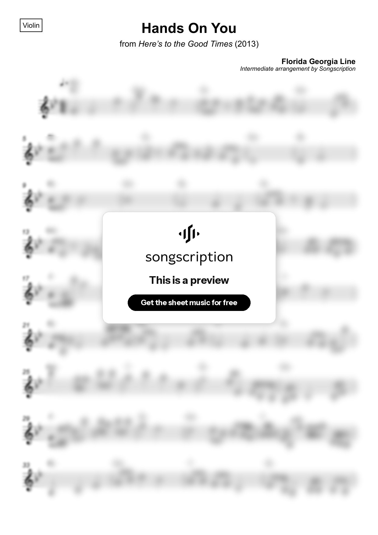 Intermediate Violin Sheet Music for "Hands On You" by Florida Georgia Line