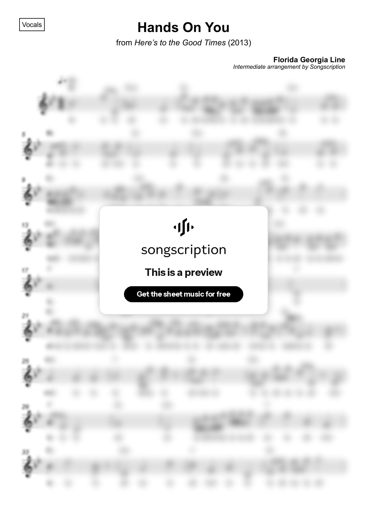 Intermediate Vocals Sheet Music for "Hands On You" by Florida Georgia Line