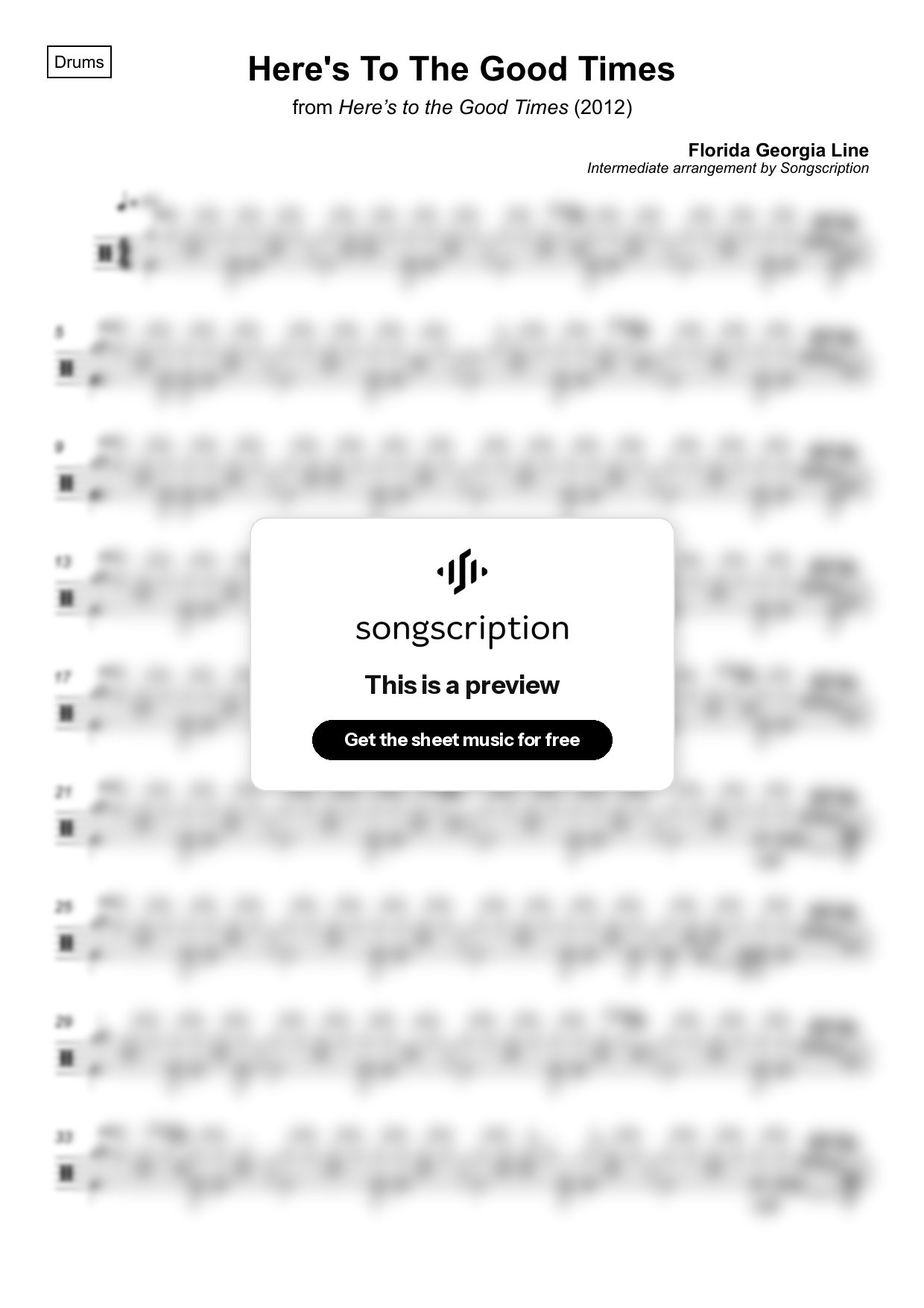 Intermediate Drums Sheet Music for "Here's To The Good Times" by Florida Georgia Line