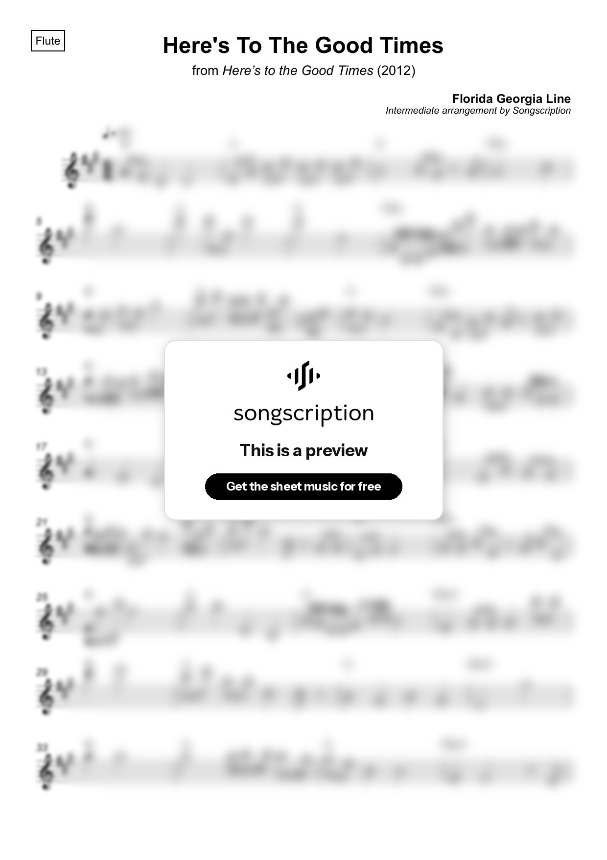 Intermediate Flute Sheet Music for "Here's To The Good Times" by Florida Georgia Line