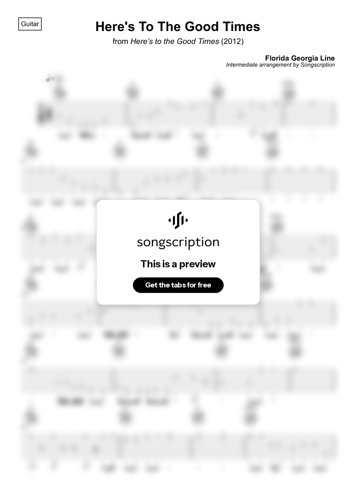Intermediate Acoustic Guitar Tabs for "Here's To The Good Times" by Florida Georgia Line