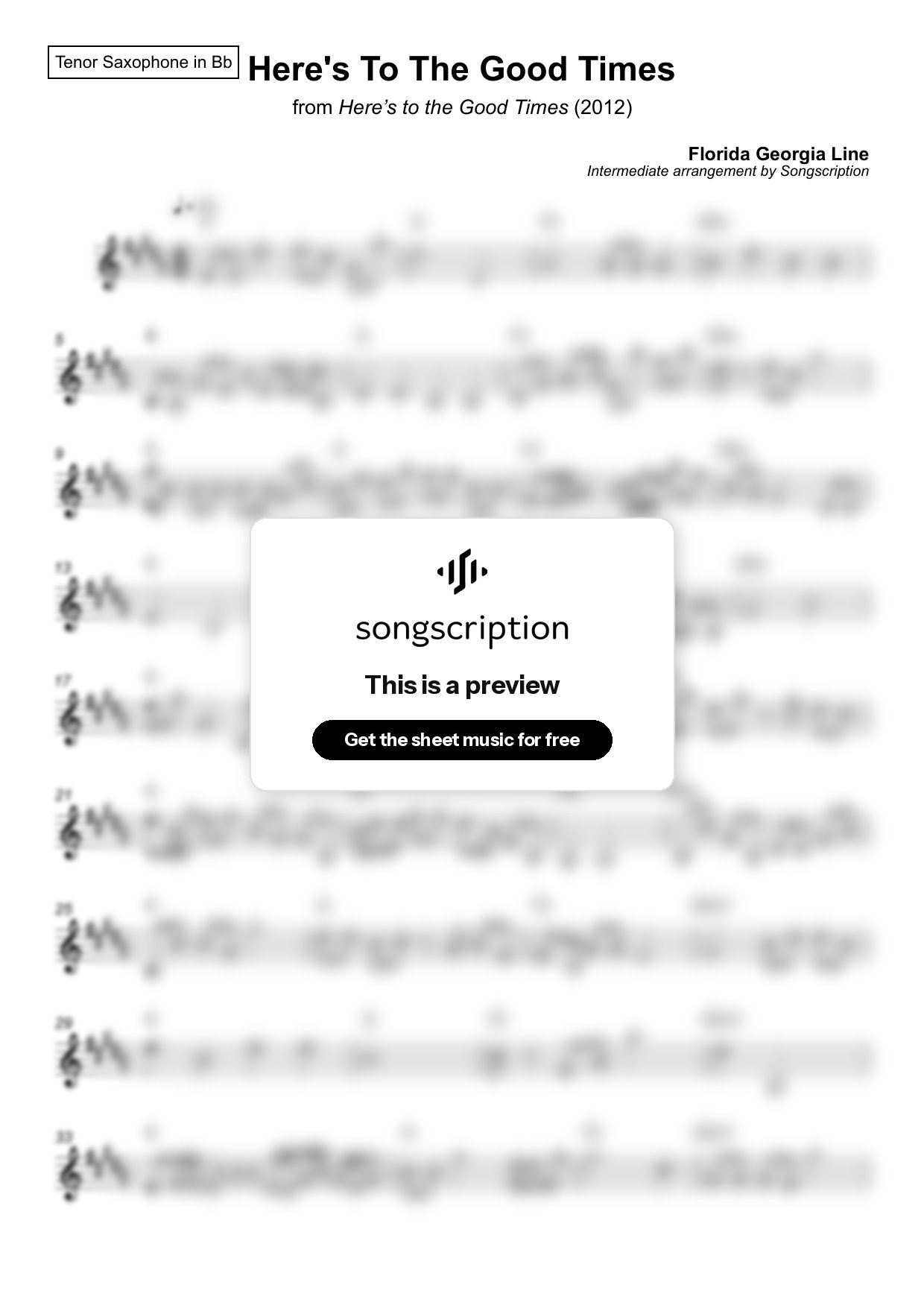 Intermediate Tenor Sax Sheet Music for "Here's To The Good Times" by Florida Georgia Line