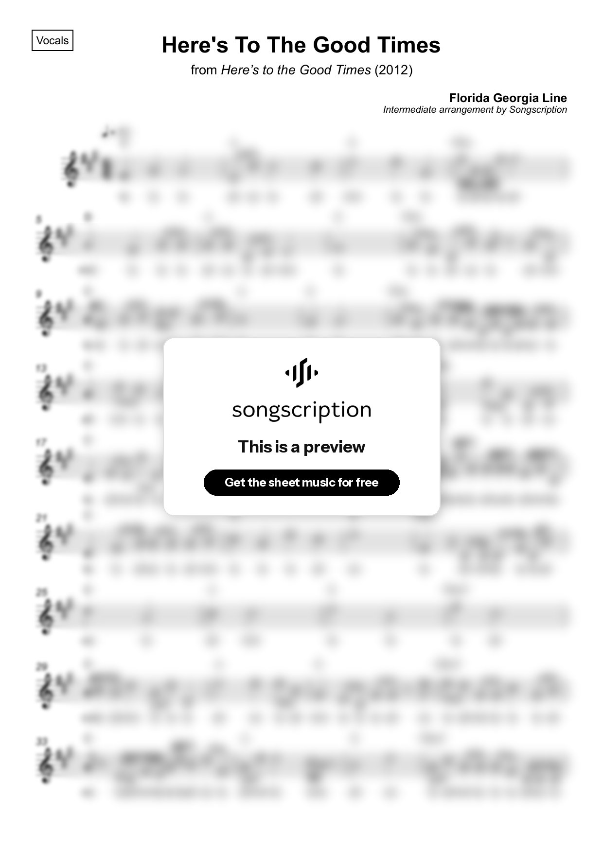 Intermediate Vocals Sheet Music for "Here's To The Good Times" by Florida Georgia Line
