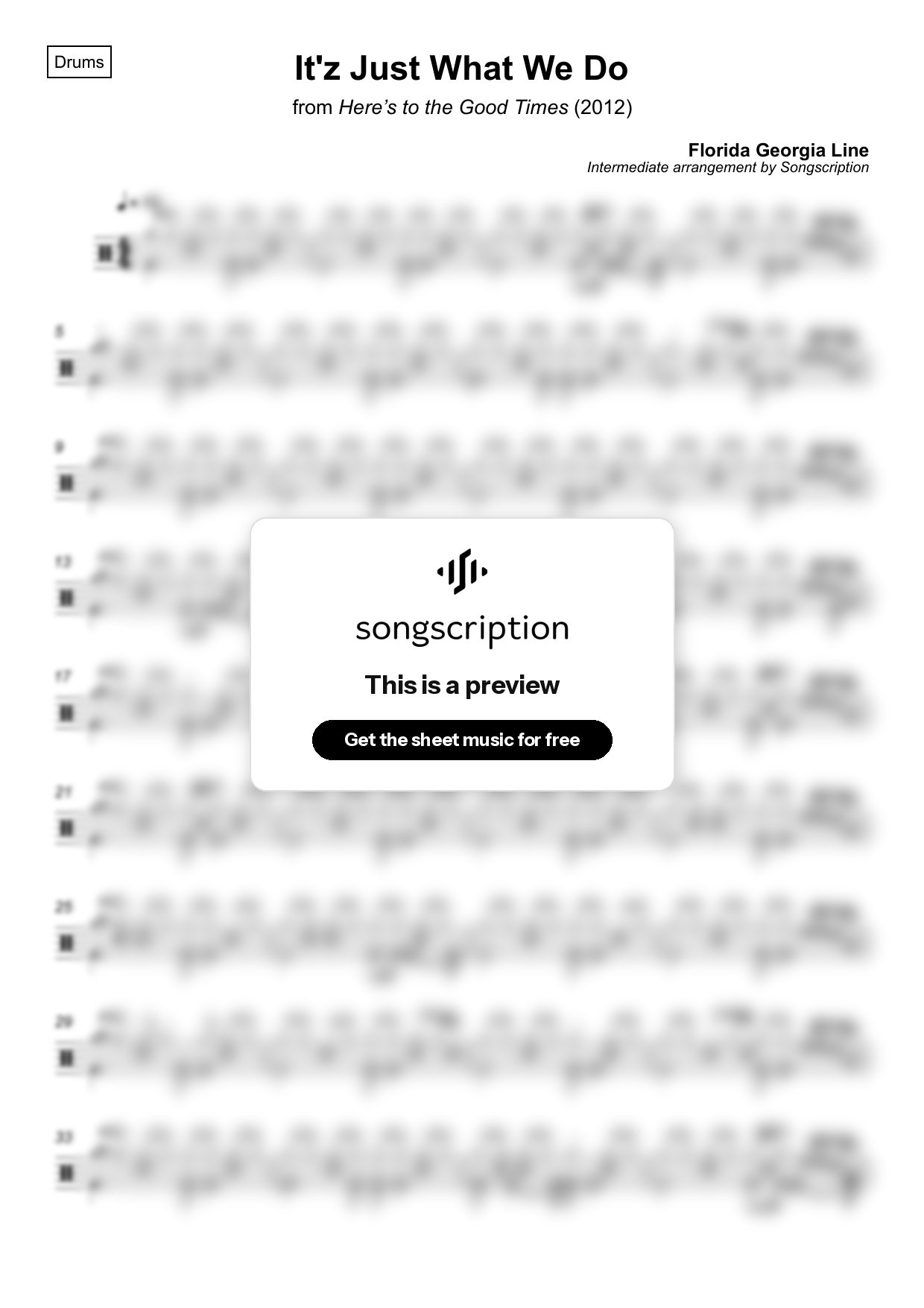 Intermediate Drums Sheet Music for "It'z Just What We Do" by Florida Georgia Line