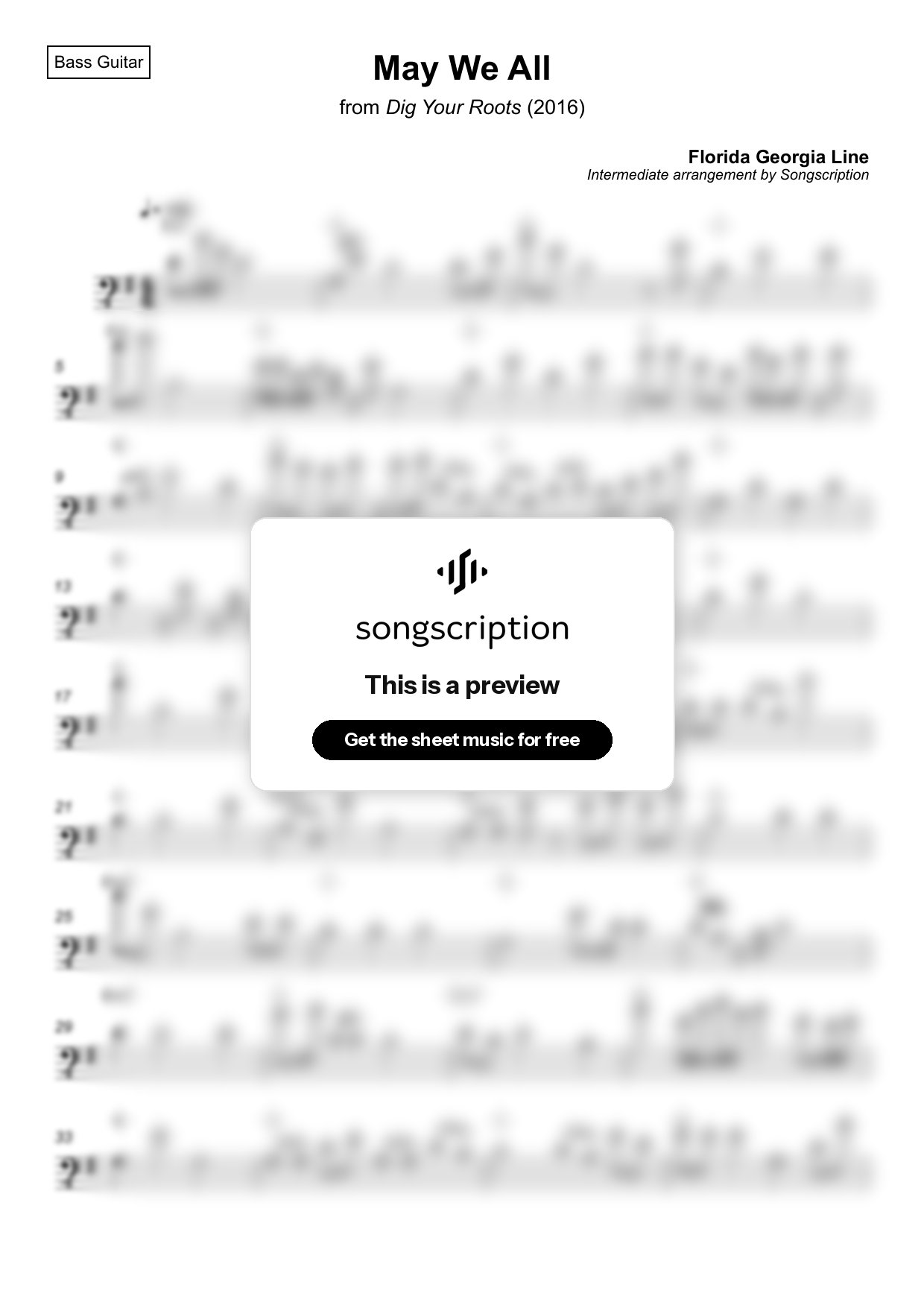 Intermediate Bass Guitar Sheet Music for "May We All" by Florida Georgia Line