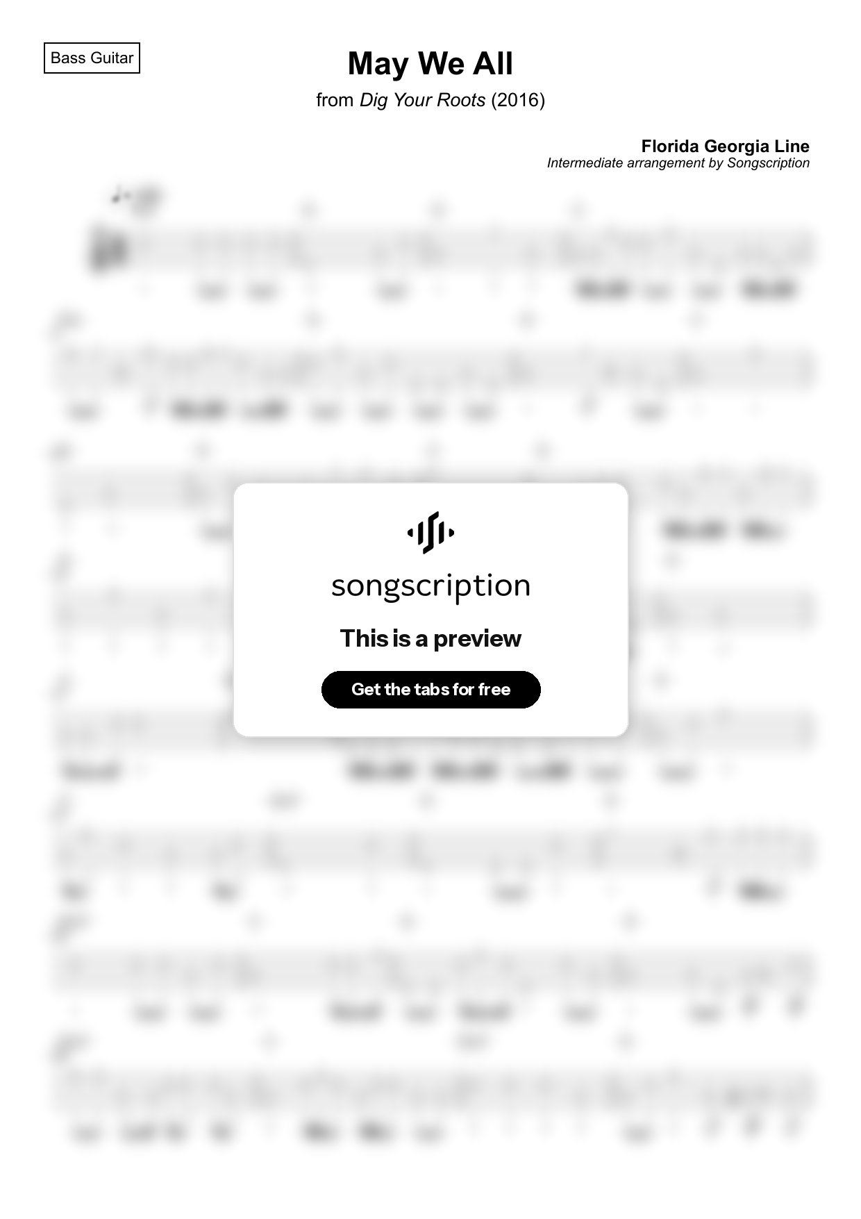Intermediate Bass Guitar Tabs for "May We All" by Florida Georgia Line