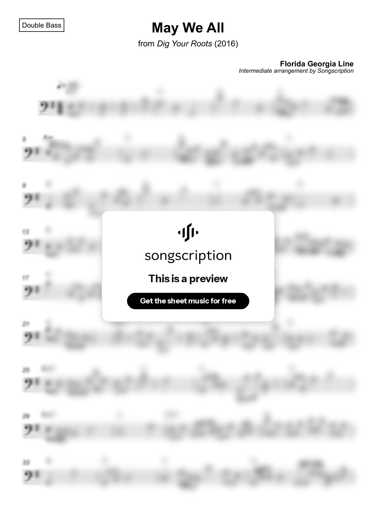 Intermediate Double Bass Sheet Music for "May We All" by Florida Georgia Line
