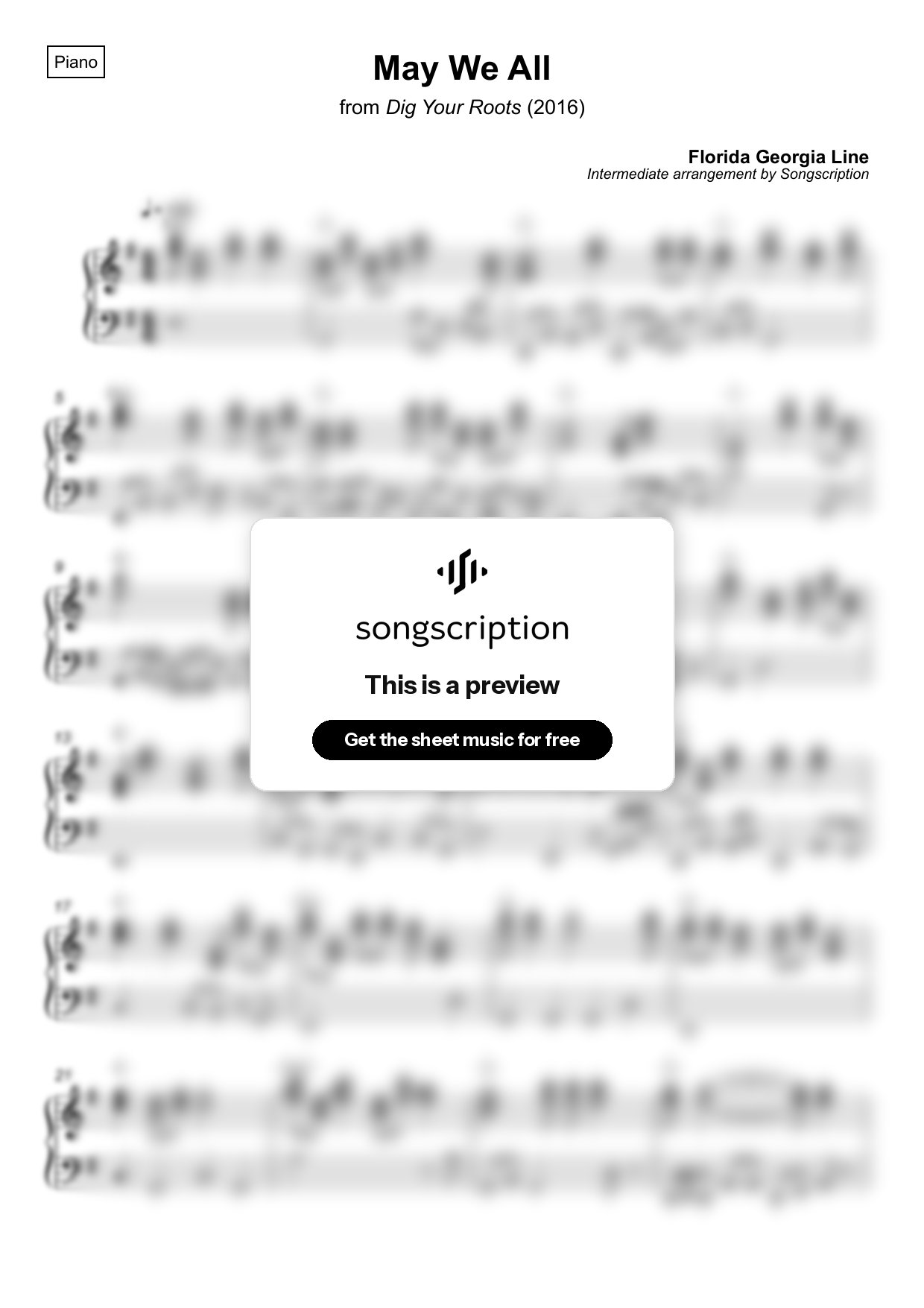 Intermediate Piano Sheet Music for "May We All" by Florida Georgia Line