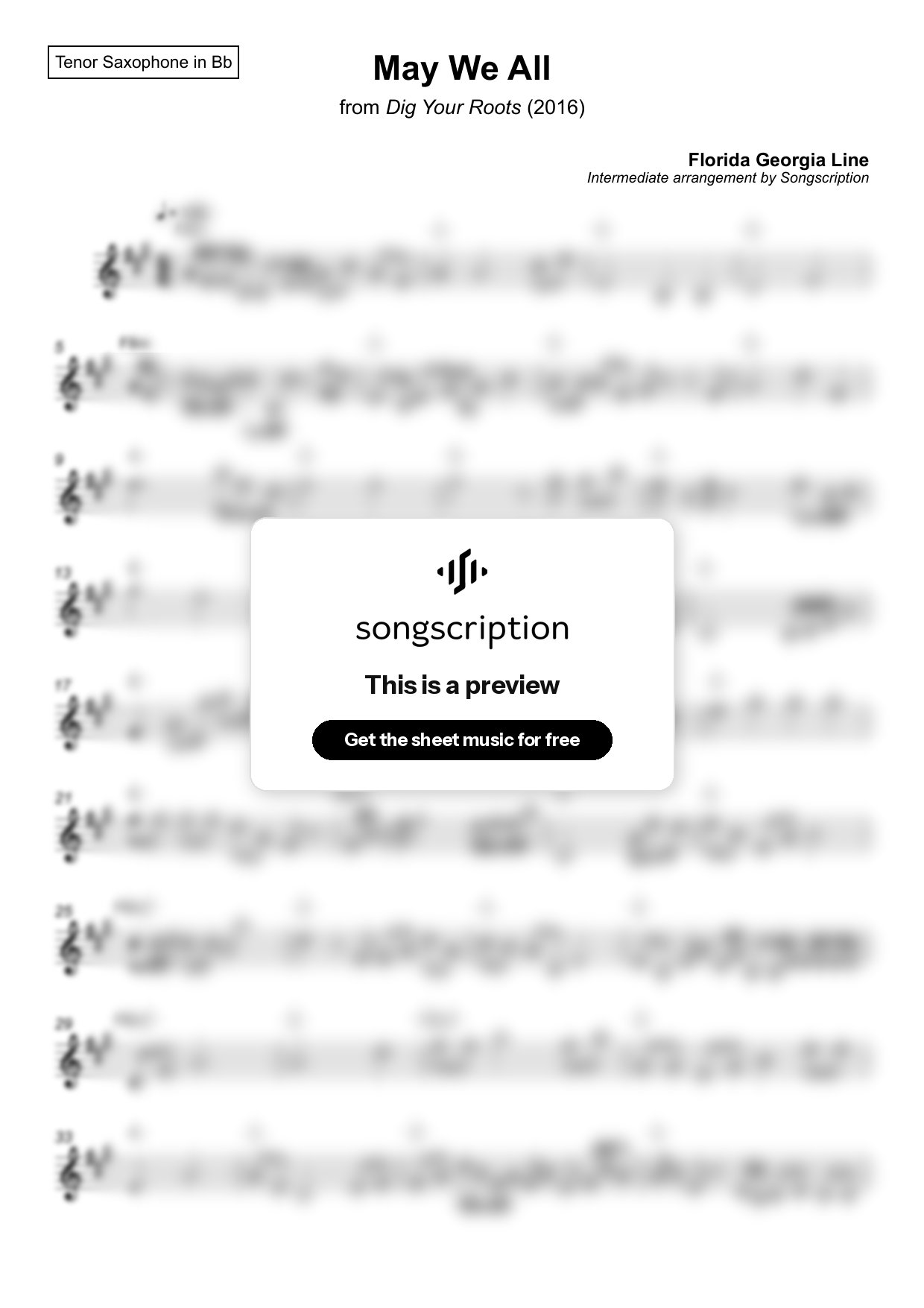 Intermediate Tenor Sax Sheet Music for "May We All" by Florida Georgia Line