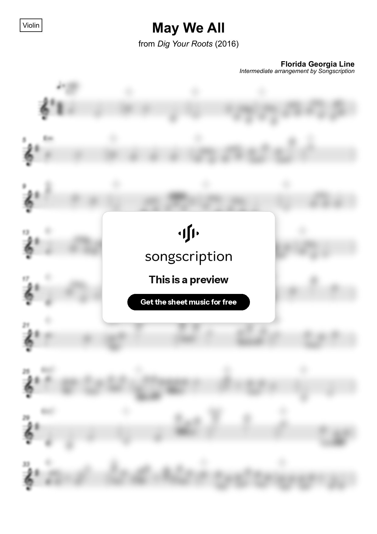 Intermediate Violin Sheet Music for "May We All" by Florida Georgia Line