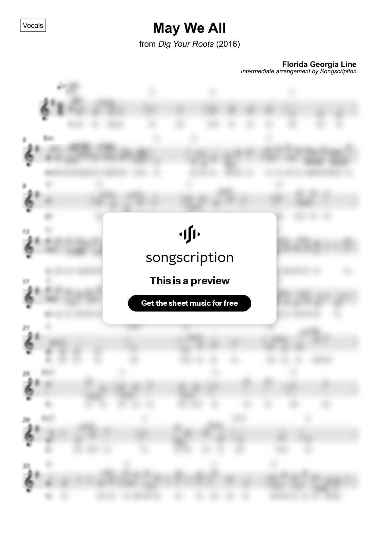Intermediate Vocals Sheet Music for "May We All" by Florida Georgia Line
