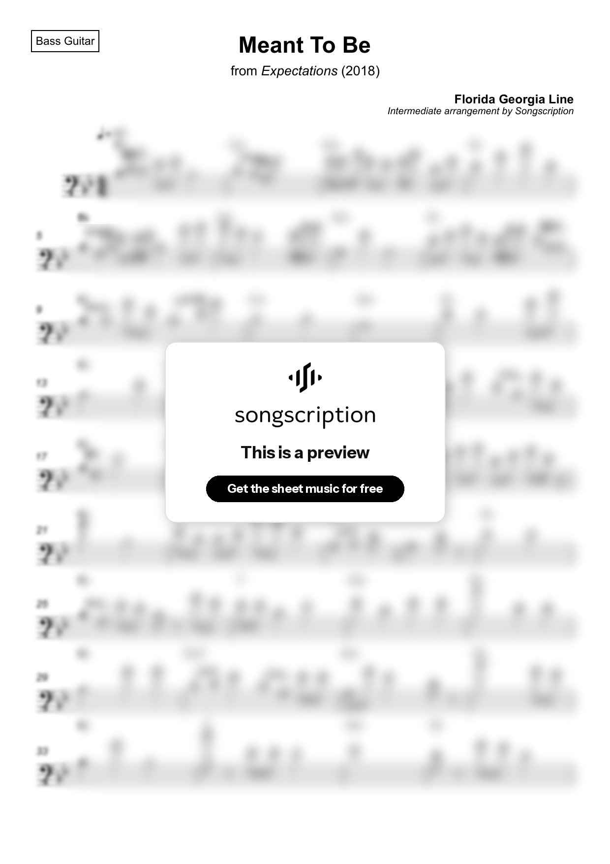 Intermediate Bass Guitar Sheet Music for "Meant To Be" by Florida Georgia Line