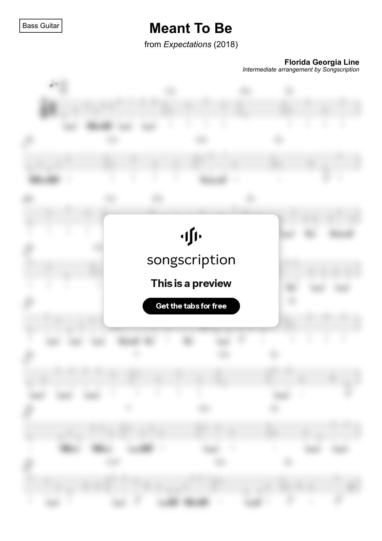 Intermediate Bass Guitar Tabs for "Meant To Be" by Florida Georgia Line