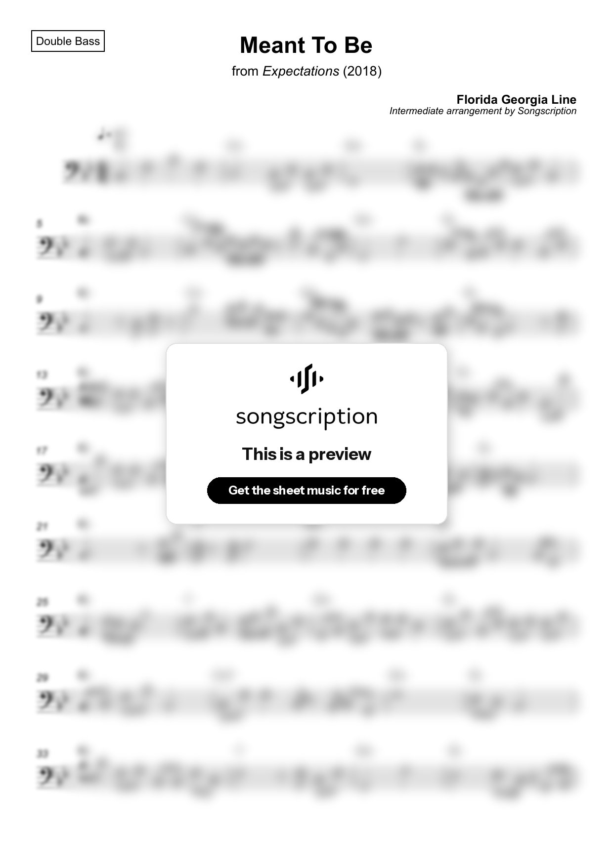 Intermediate Double Bass Sheet Music for "Meant To Be" by Florida Georgia Line