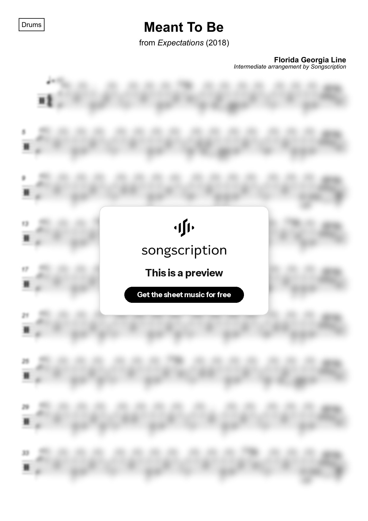 Intermediate Drums Sheet Music for "Meant To Be" by Florida Georgia Line