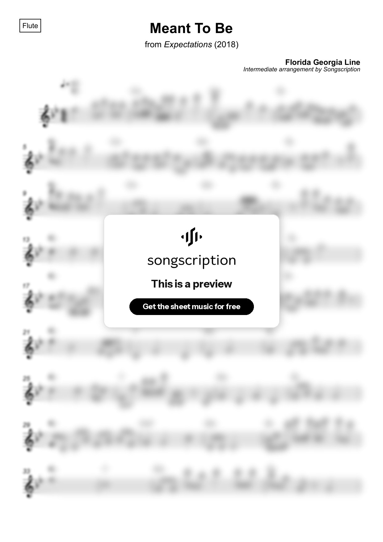 Intermediate Flute Sheet Music for "Meant To Be" by Florida Georgia Line