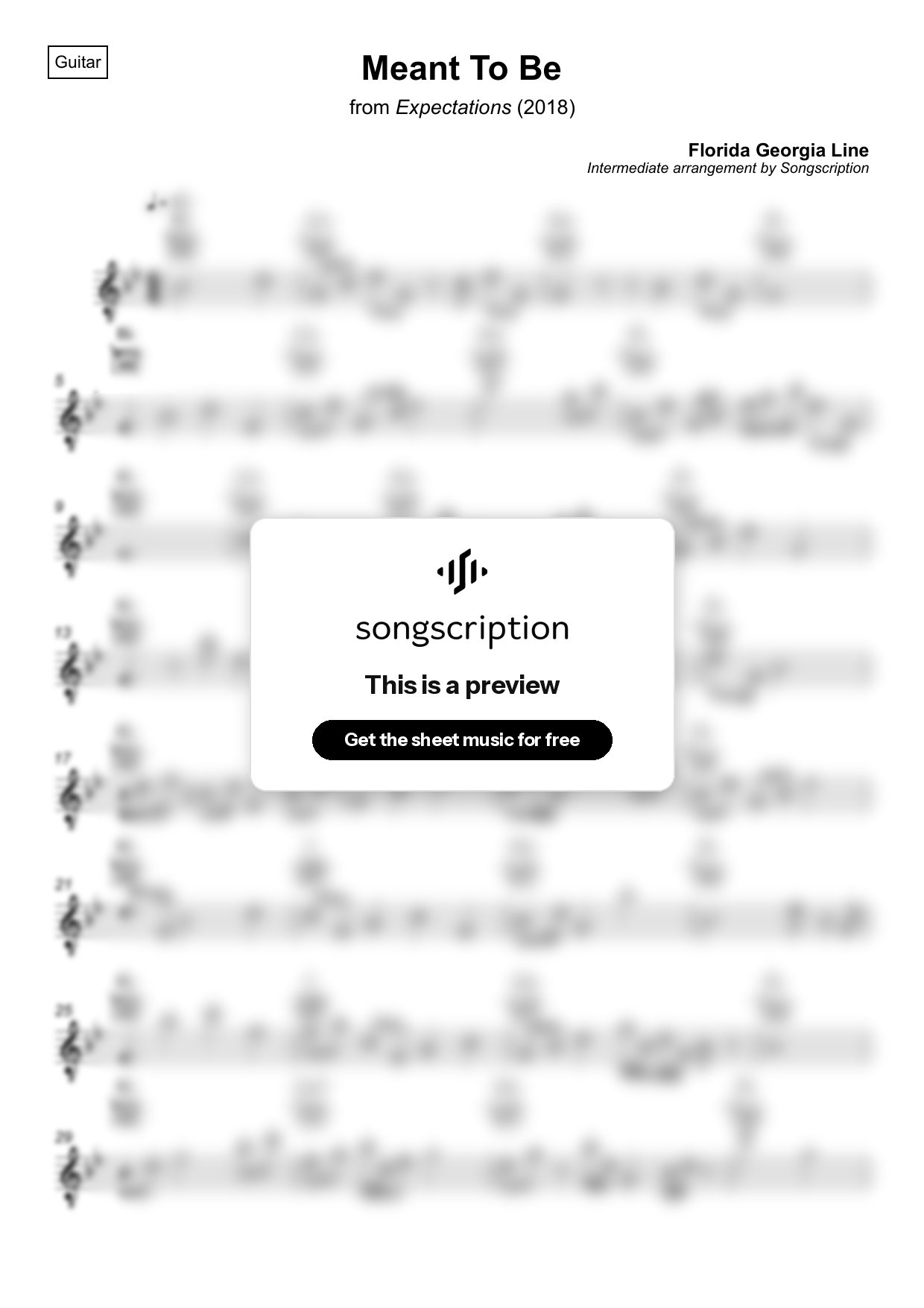 Intermediate Acoustic Guitar Sheet Music for "Meant To Be" by Florida Georgia Line