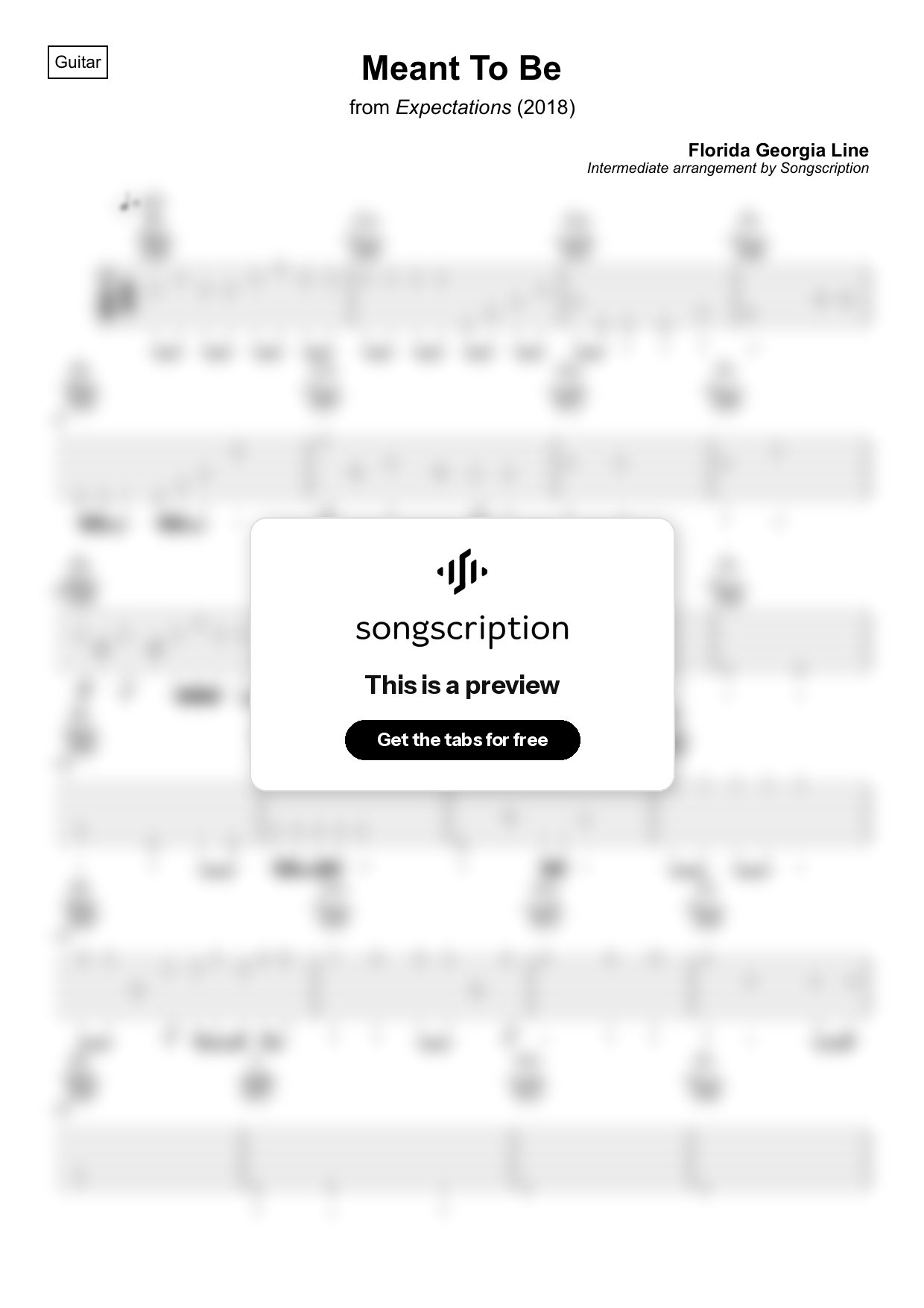 Intermediate Acoustic Guitar Tabs for "Meant To Be" by Florida Georgia Line