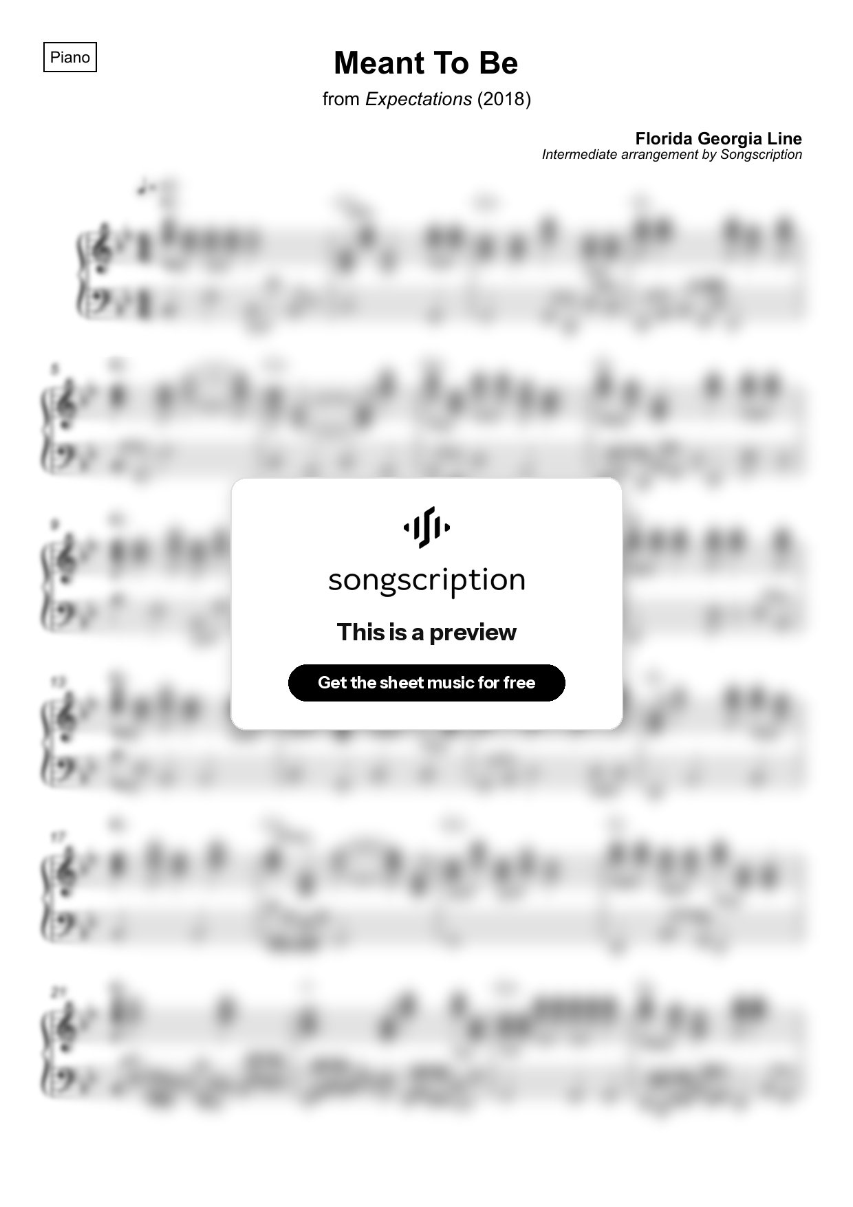 Intermediate Piano Sheet Music for "Meant To Be" by Florida Georgia Line