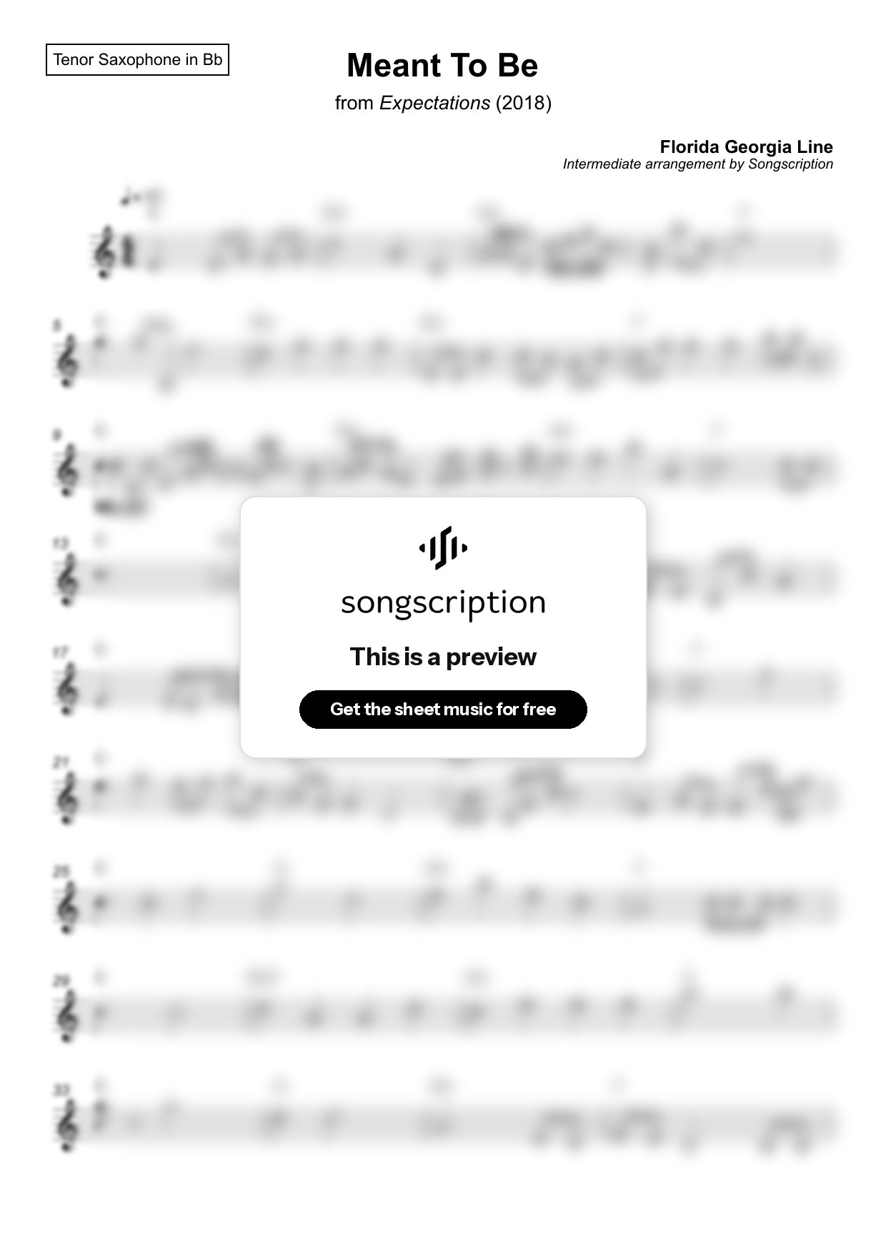 Intermediate Tenor Sax Sheet Music for "Meant To Be" by Florida Georgia Line