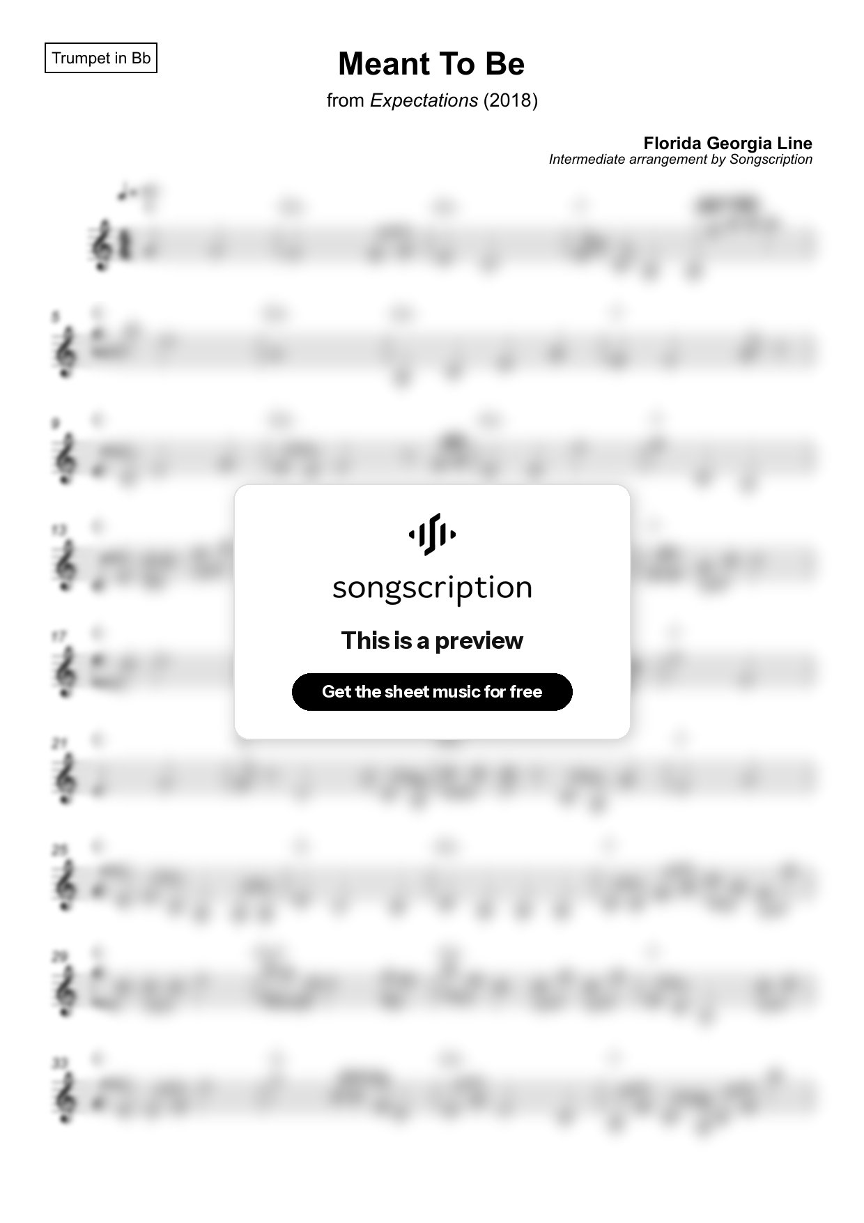 Intermediate Trumpet Sheet Music for "Meant To Be" by Florida Georgia Line
