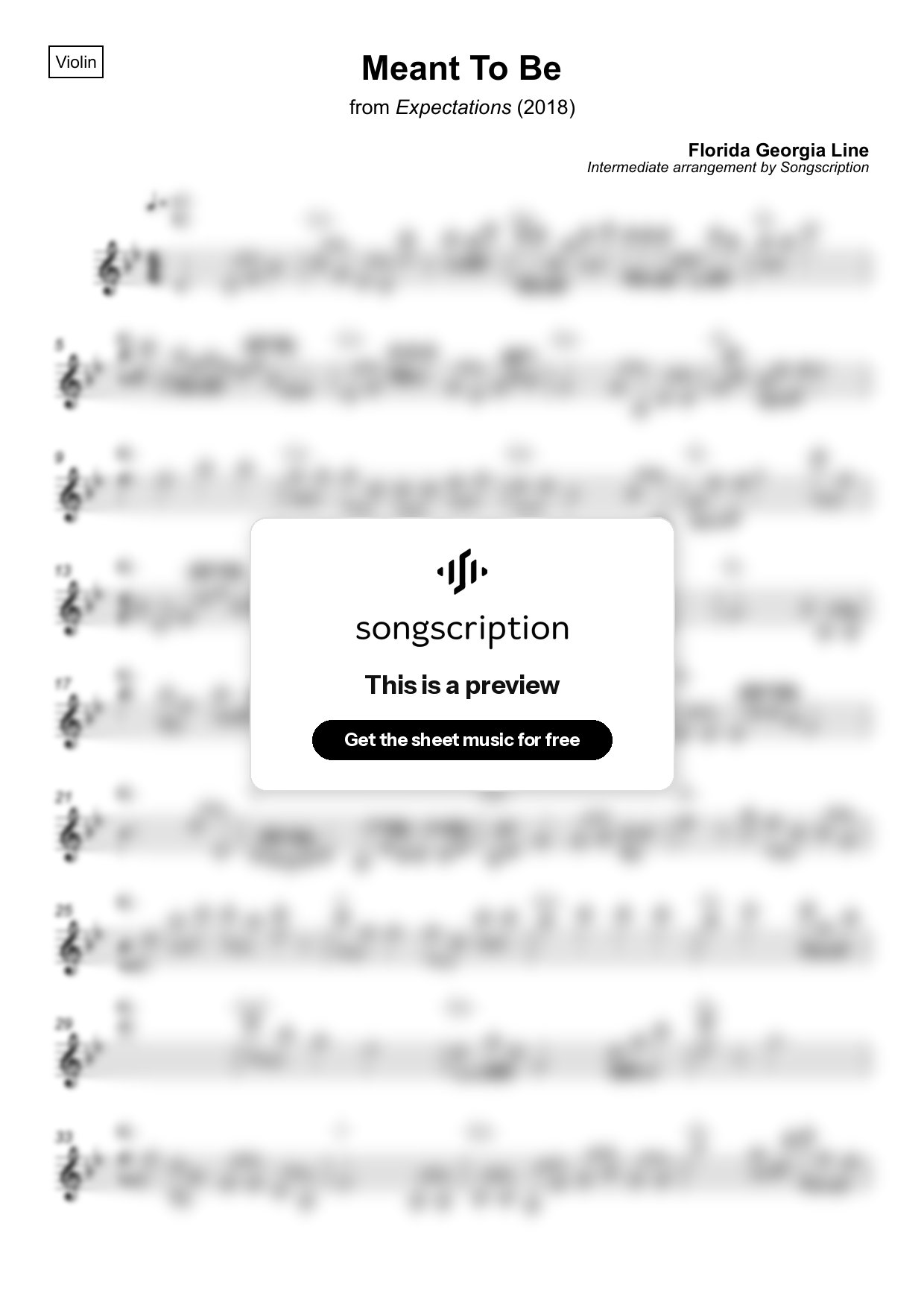 Intermediate Violin Sheet Music for "Meant To Be" by Florida Georgia Line