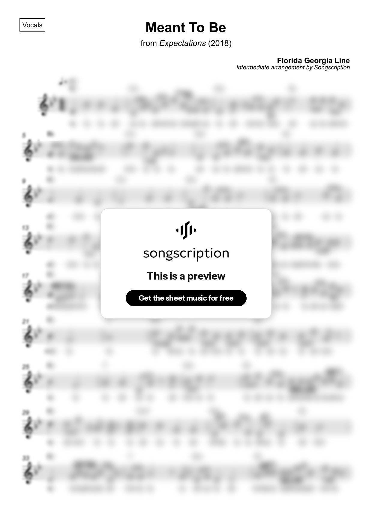 Intermediate Vocals Sheet Music for "Meant To Be" by Florida Georgia Line