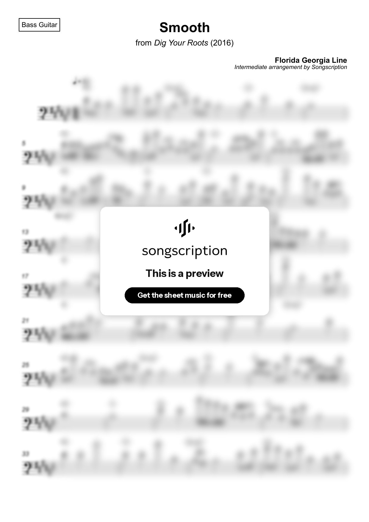 Intermediate Bass Guitar Sheet Music for "Smooth" by Florida Georgia Line