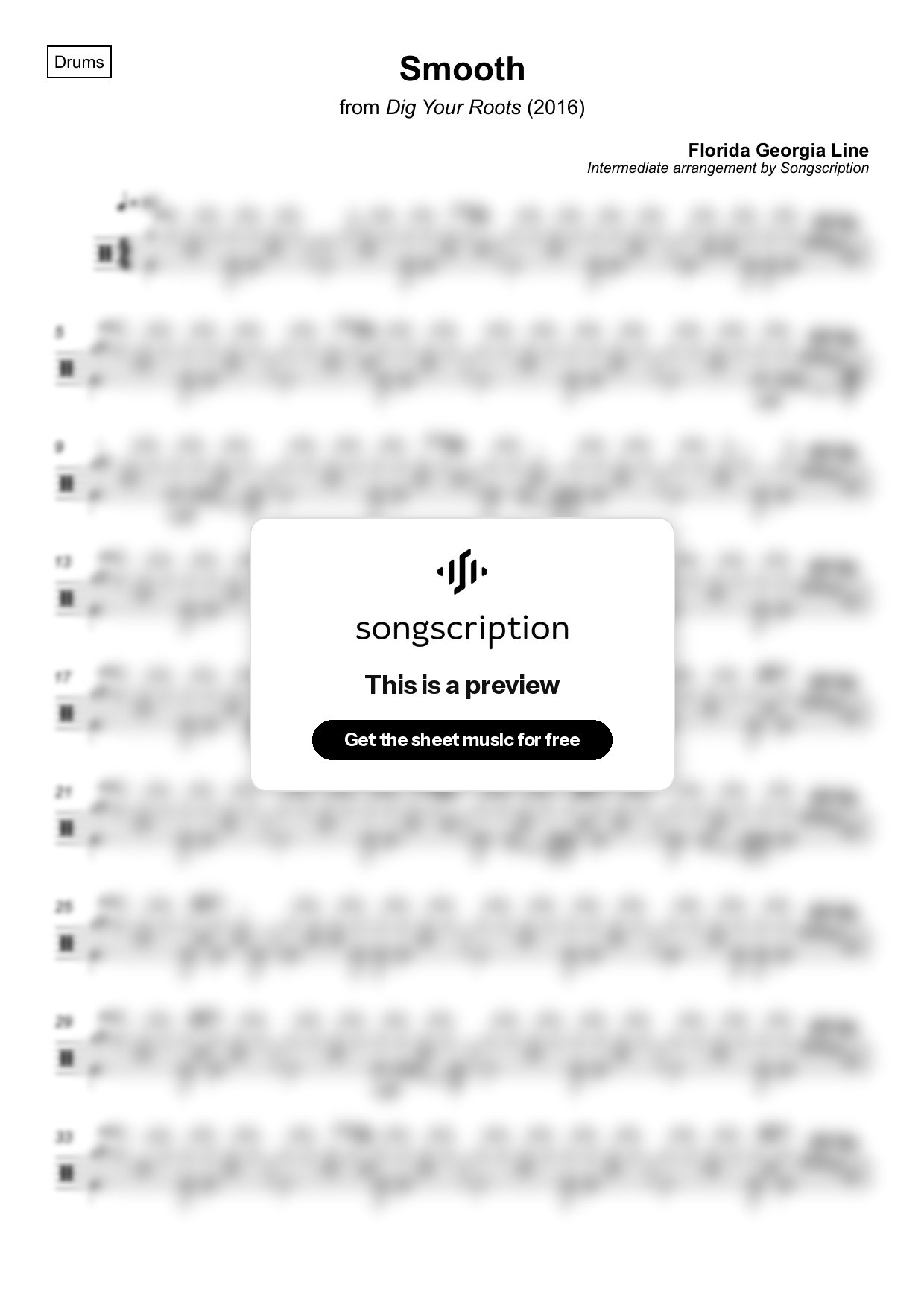 Intermediate Drums Sheet Music for "Smooth" by Florida Georgia Line